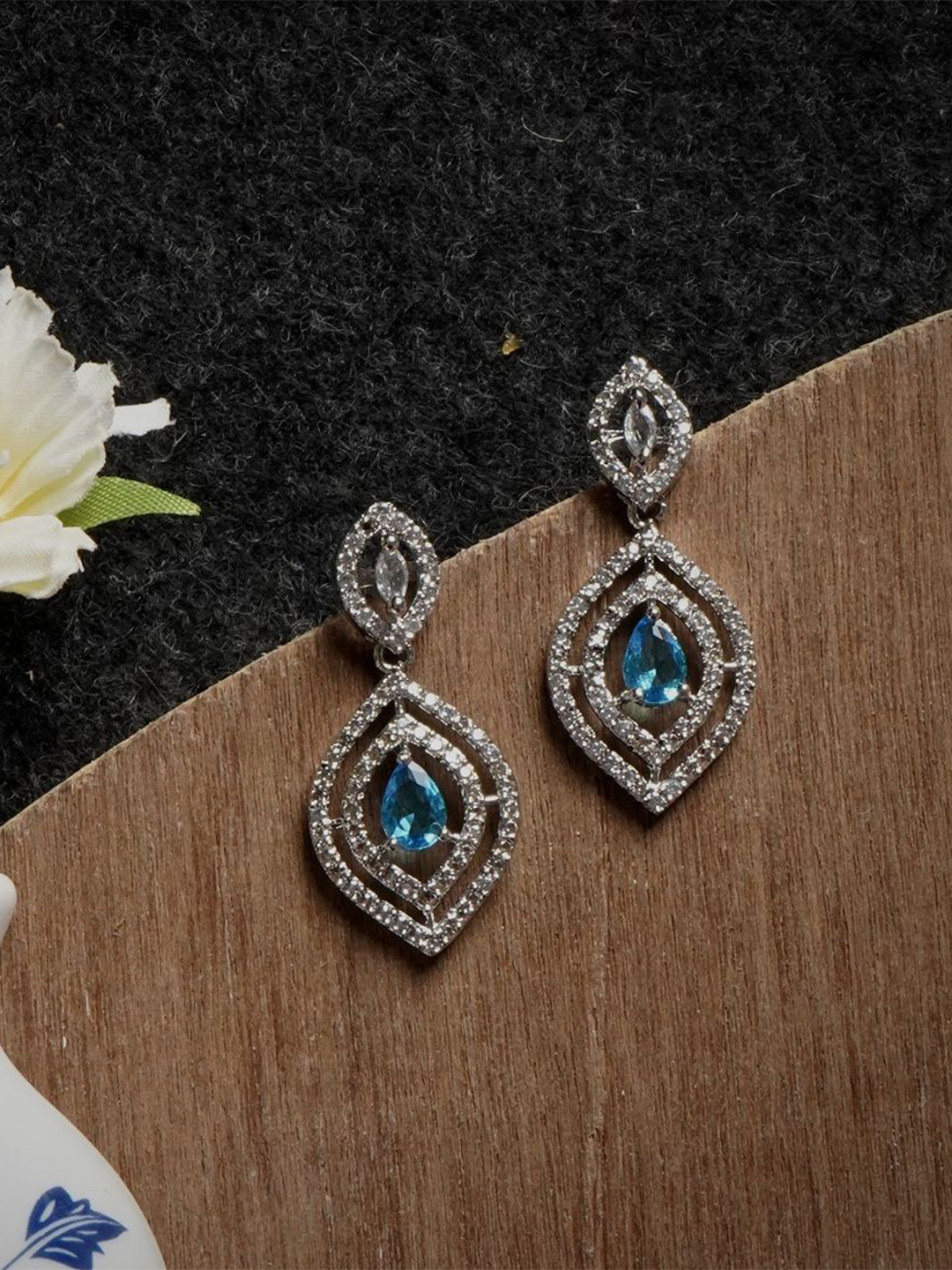 Gemron Jewel Rhodium-Plated American Diamond Studded Contemporary Drop Earrings