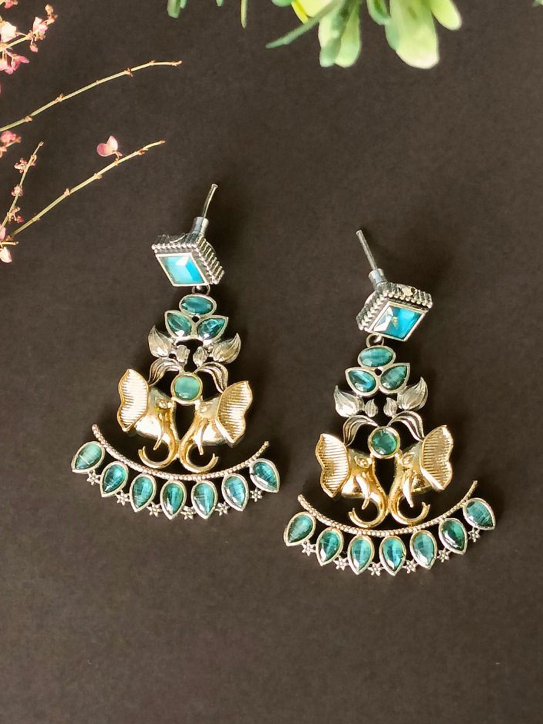 BLACKBOX Quartz Studded Animal Shaped Oxidised Drop Earrings