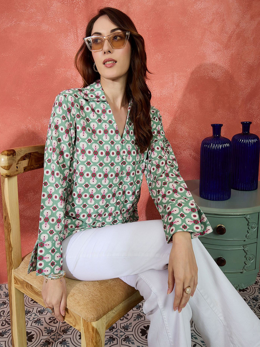 IVY BY KIBO Floral Printed Spread Collar Long Sleeves Shirt