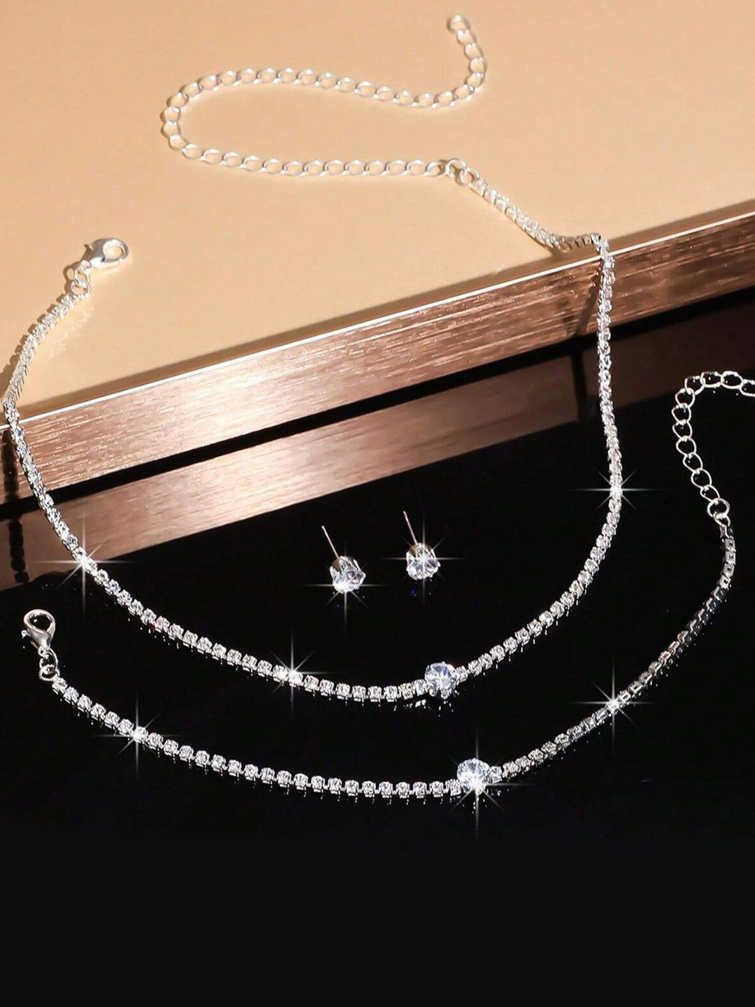 Peora Silver-Plated Cubic Zirconia Studded Jewellery Set With Bracelet