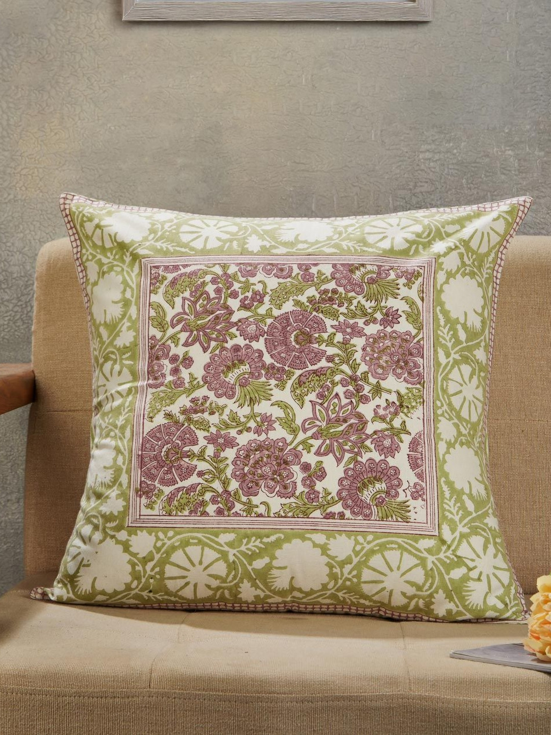 Fabindia Hand Block Purple Floral Cotton Washable Square Cushion Cover -20x20In