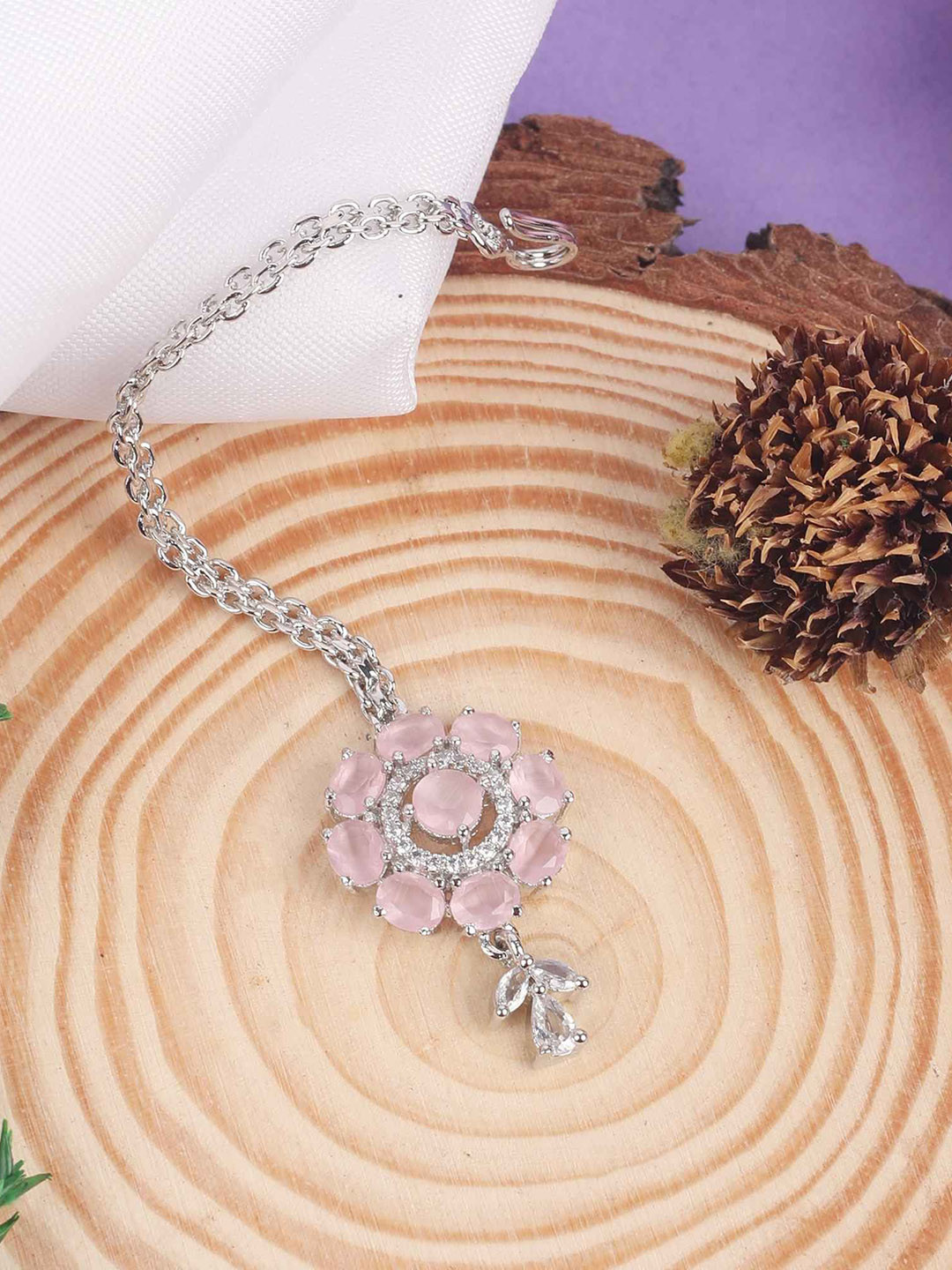 TANAIRA Rhodium-Plated American Diamond Studded Maang Tikka Head Jewellery