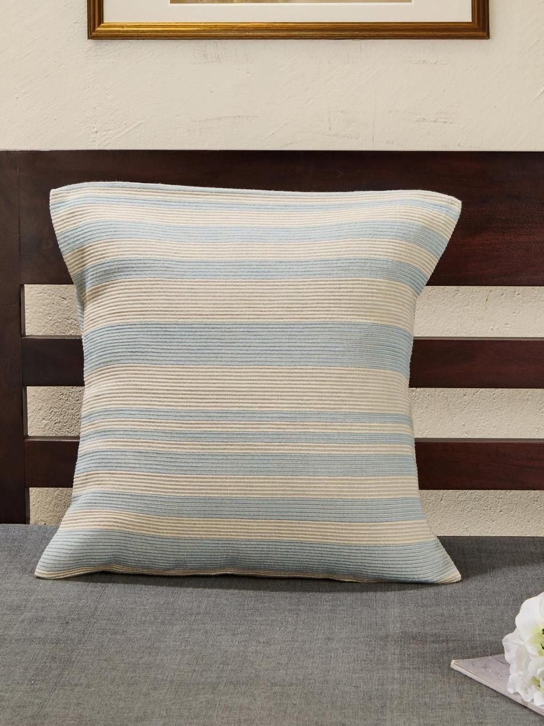 Fabindia Blue Striped Cotton Breathable Textured Square Cushion Cover - 15.7 x 15.7 Inches