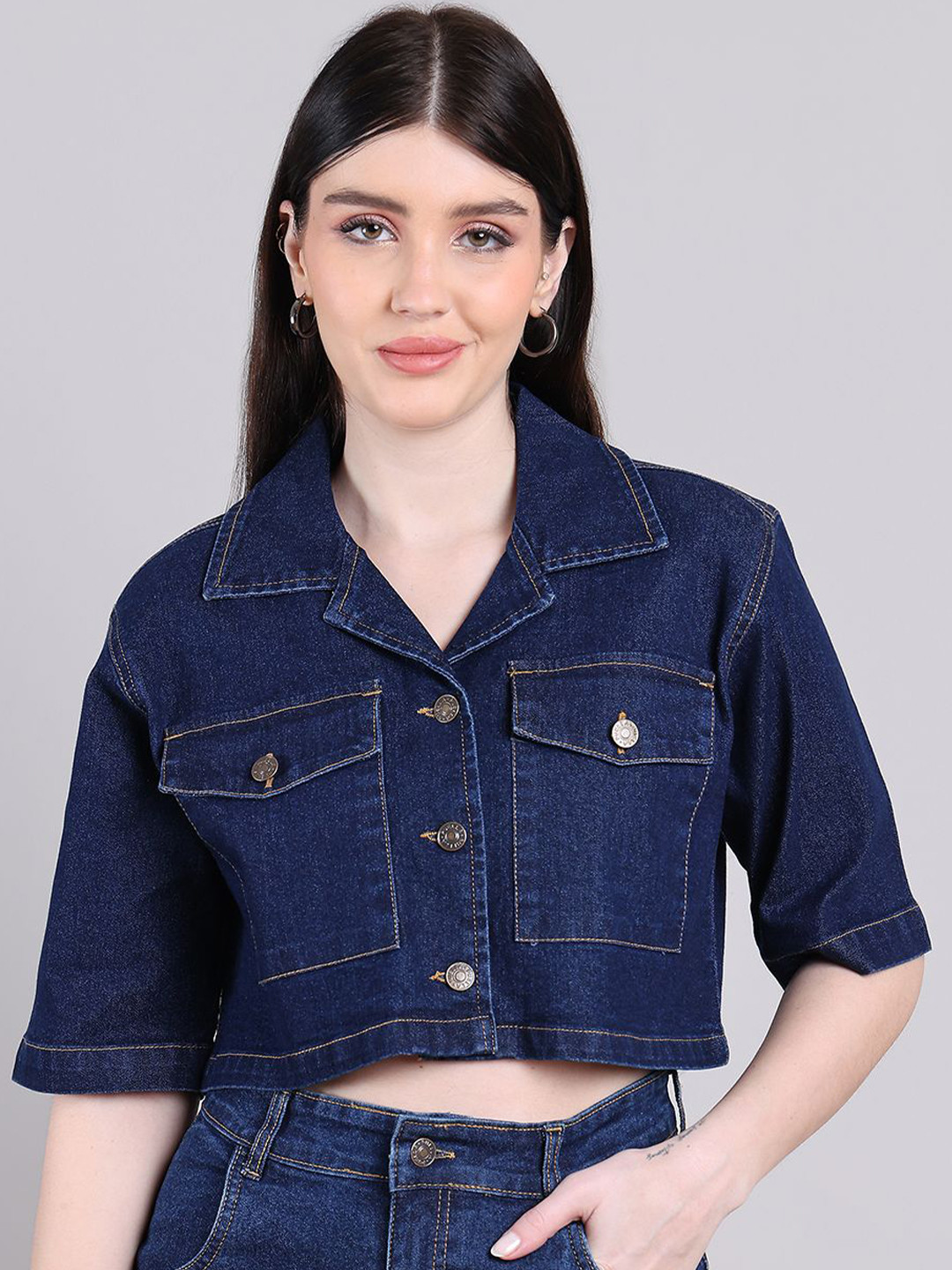 PUELLA Women Denim Crop Top with Shirt Collar