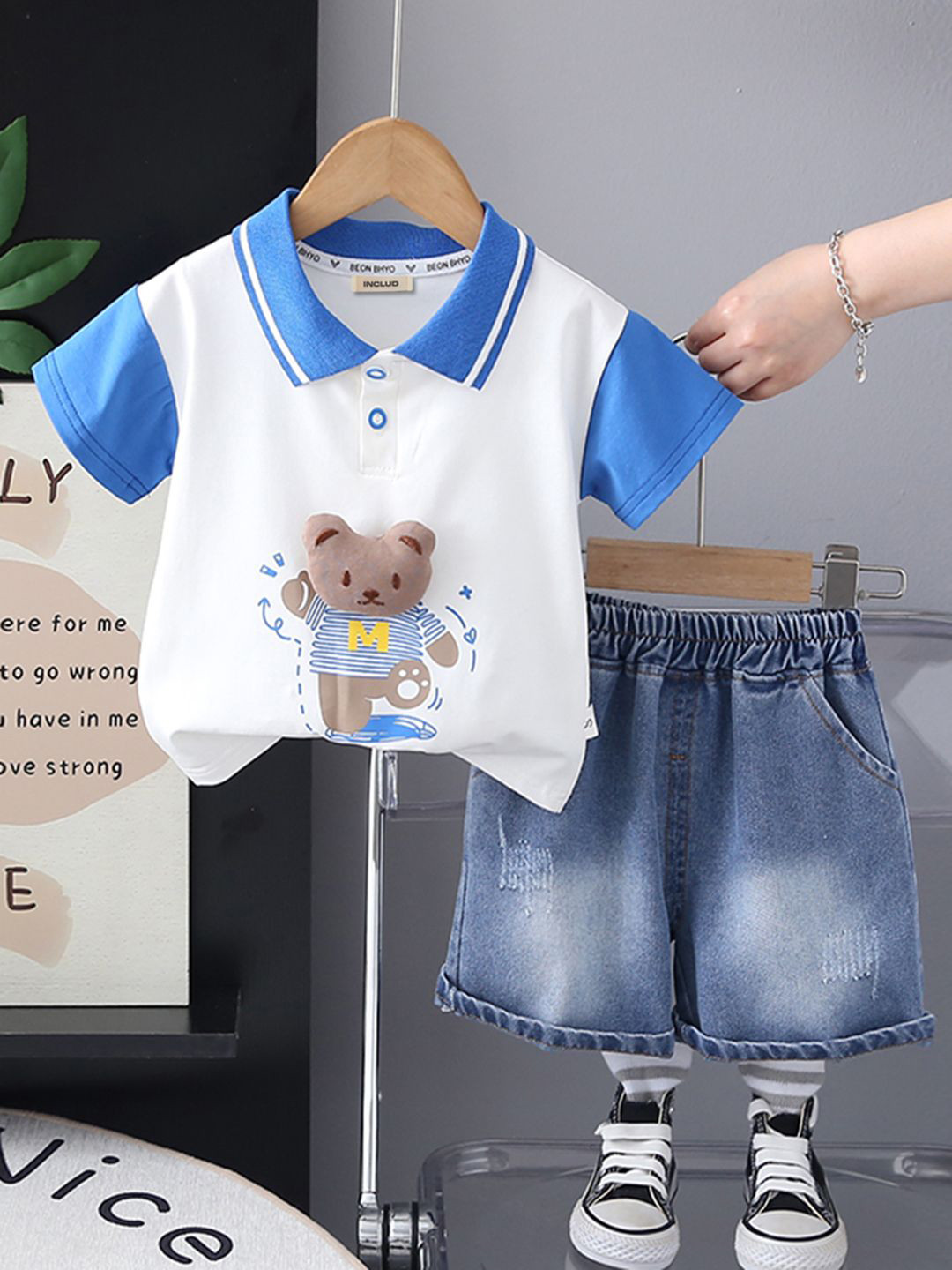 INCLUD Boys Bear Printed Polo Collar T-shirt with Shorts