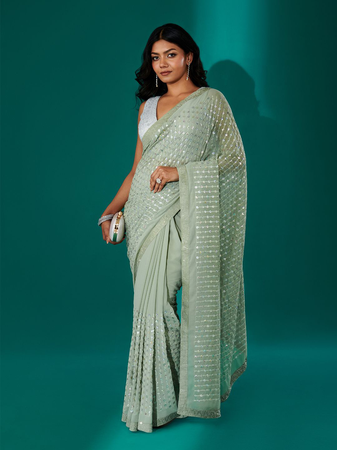 TEEJH Ujwal Sage Green Georgette Saree