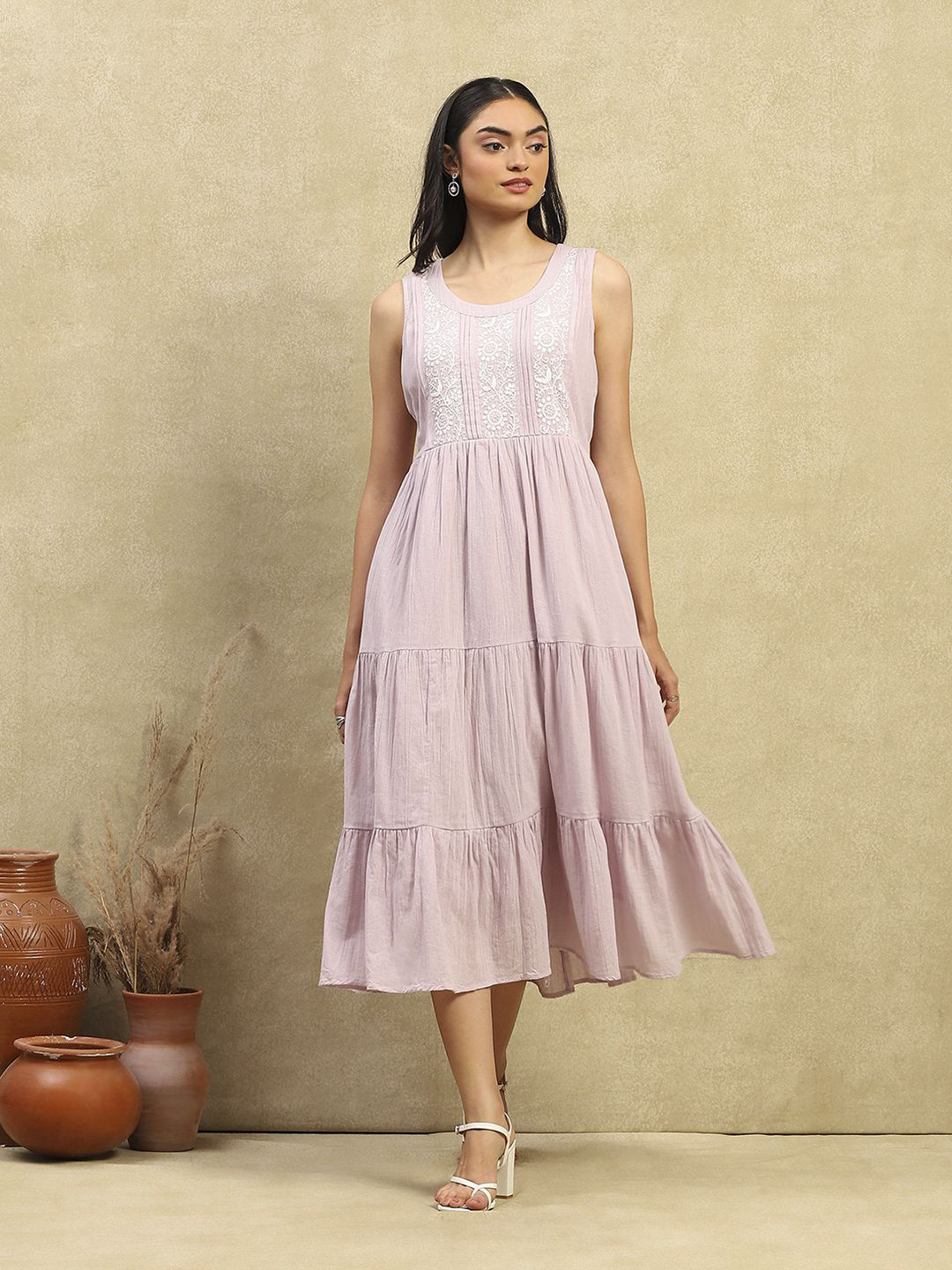 House Of Chikankari Cotton Gauze Chikankari Solid Long Dress