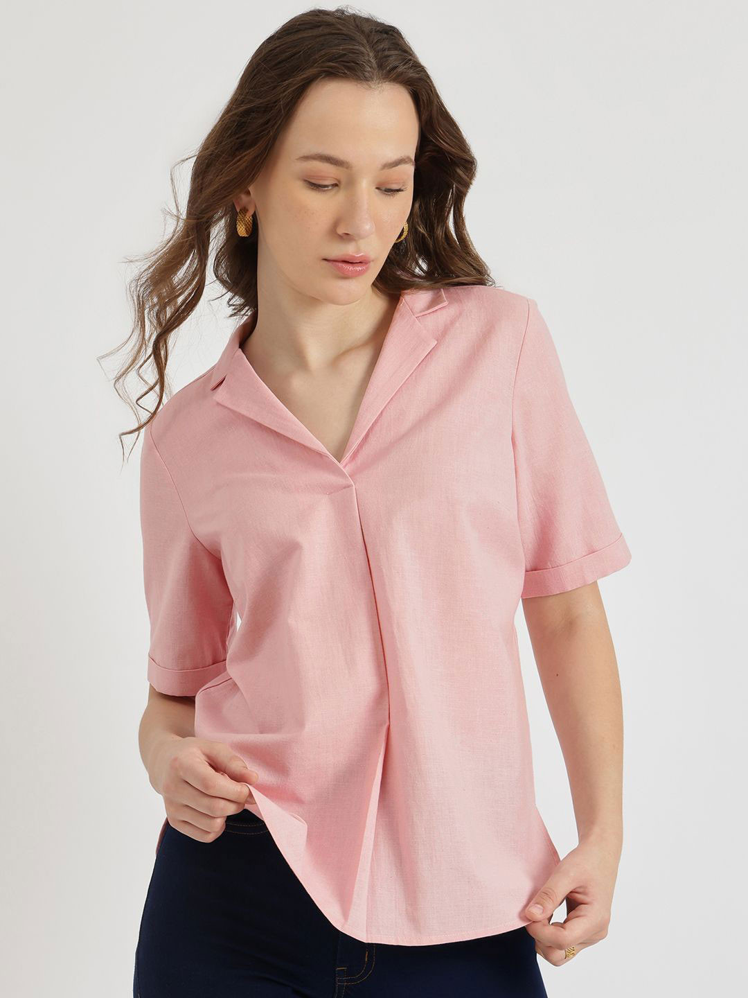 FableStreet Notched Collar Top - Pink