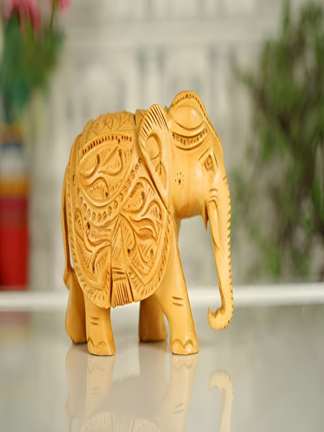 Viyu Creations Trunk Down Elephant Brown Wood Natural Living Room Small Showpiece - 3.9 Inches