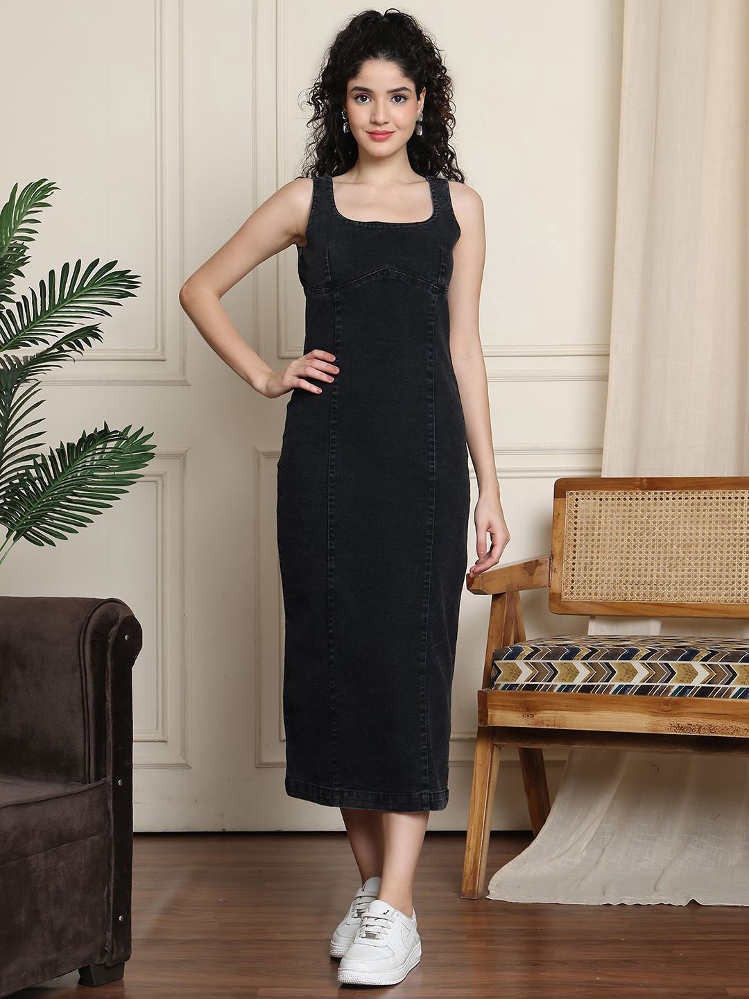 PUELLA Denim A-Line Square Neck Midi Dress