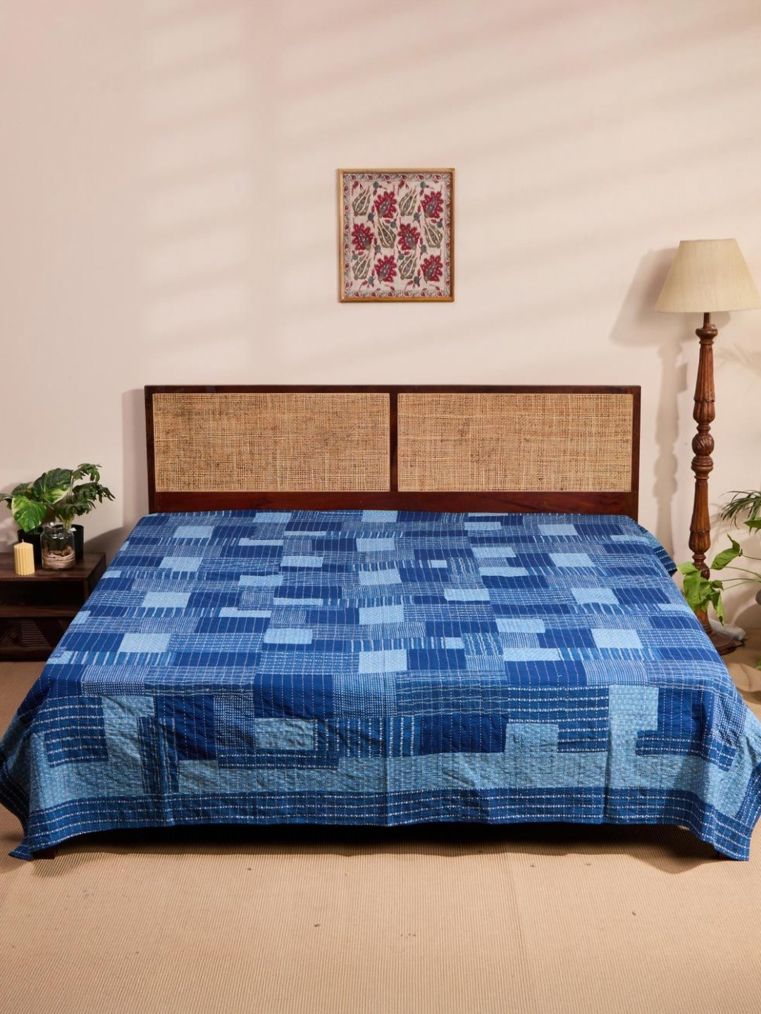 Fabindia Blue Sangam Roshan Gudri Printed King SizeBedCover