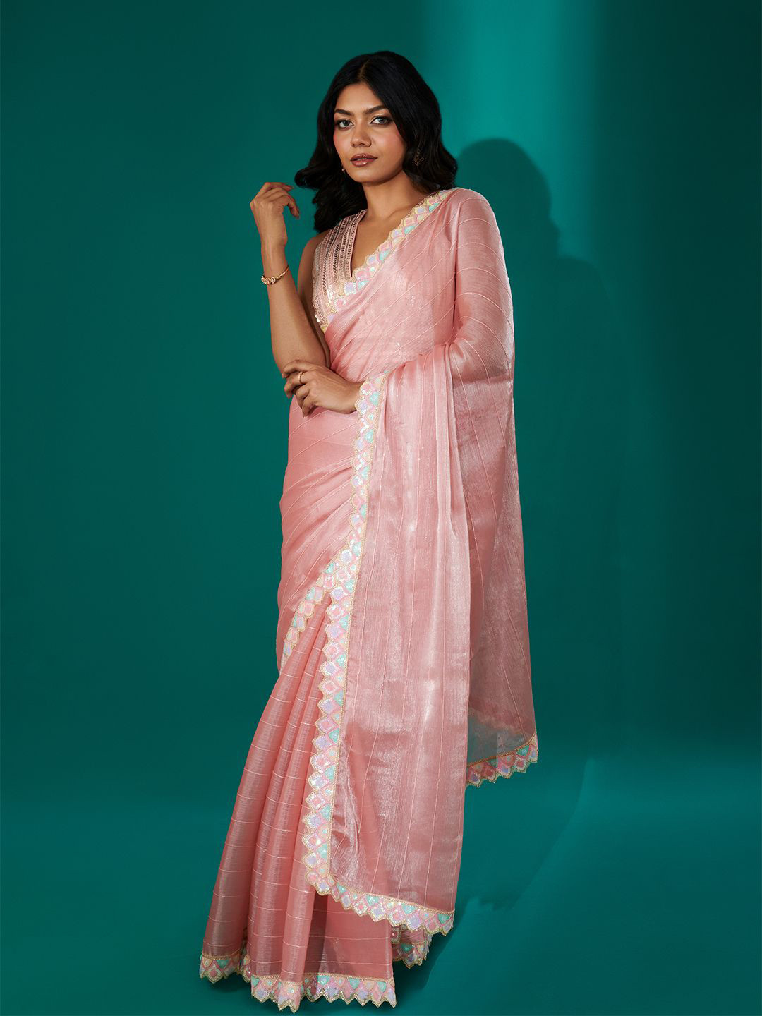 TEEJH Pink Shimmer Tissue Saree