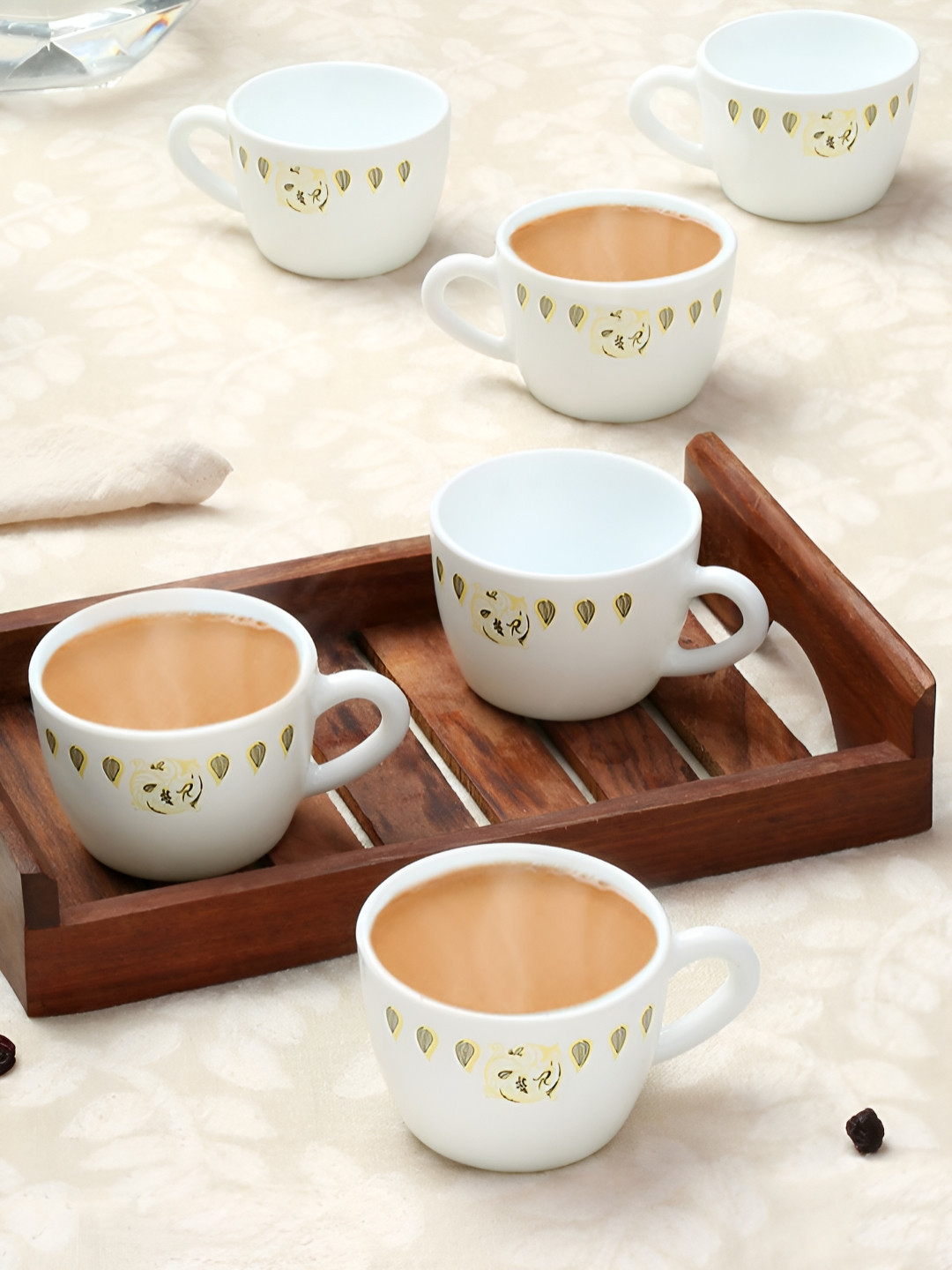 Larah by BOROSIL Heron White Leaf Opalware Microwave Safe 6 Piece Cups-140ml
