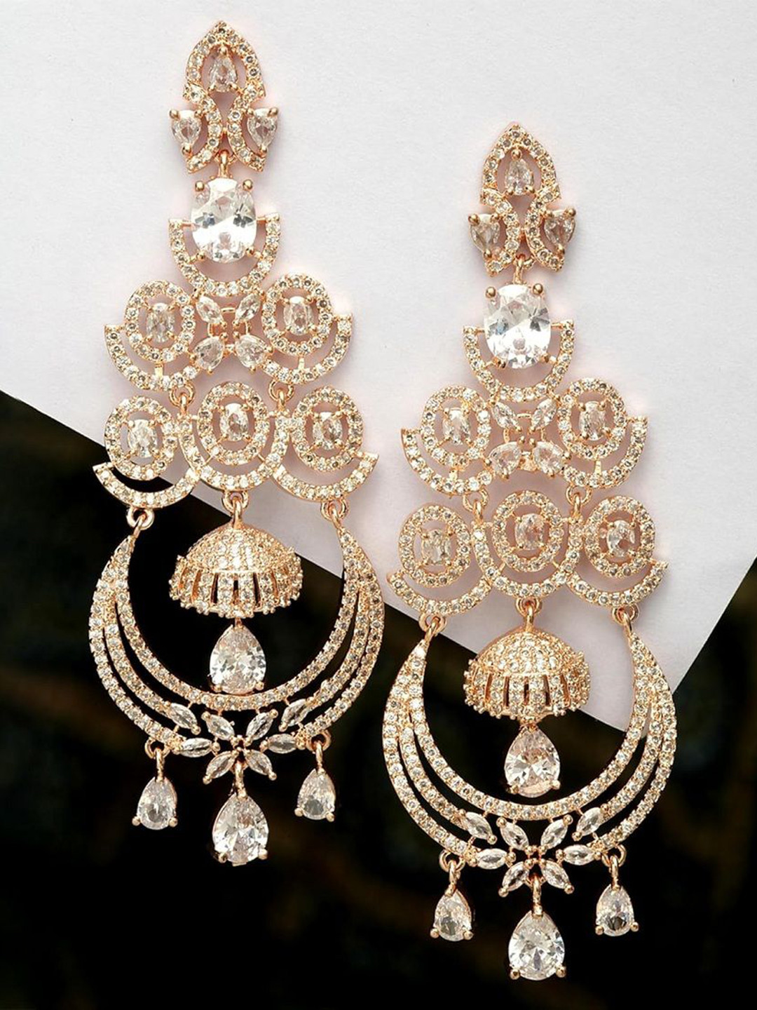 Gemron Jewel Rose Gold -Plated American Diamond Studded Contemporary Drop Earrings