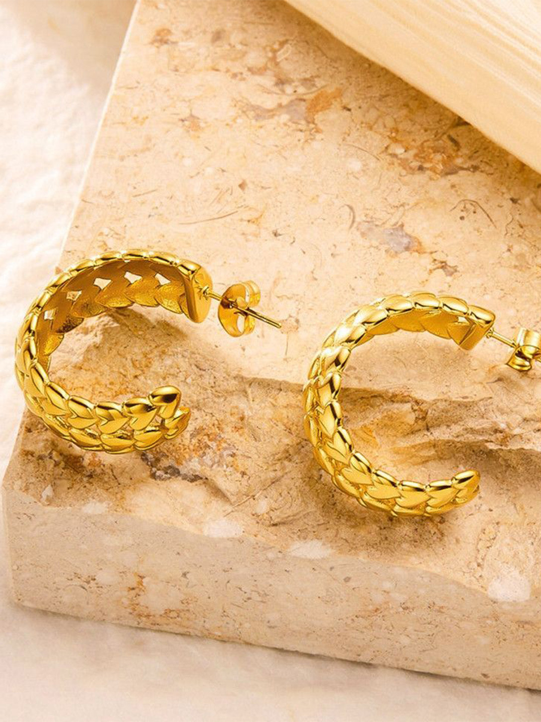 MYKI Stainless Steel Gold-Plated Contemporary Hoop Half Earrings