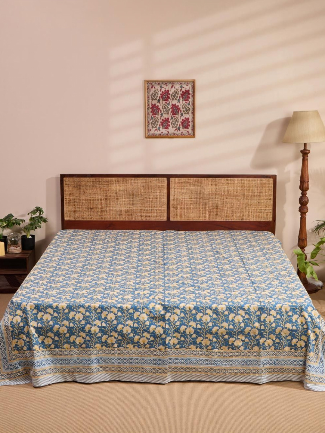 Fabindia Blue & Yellow Cabana Printed Queen SizeBedCover