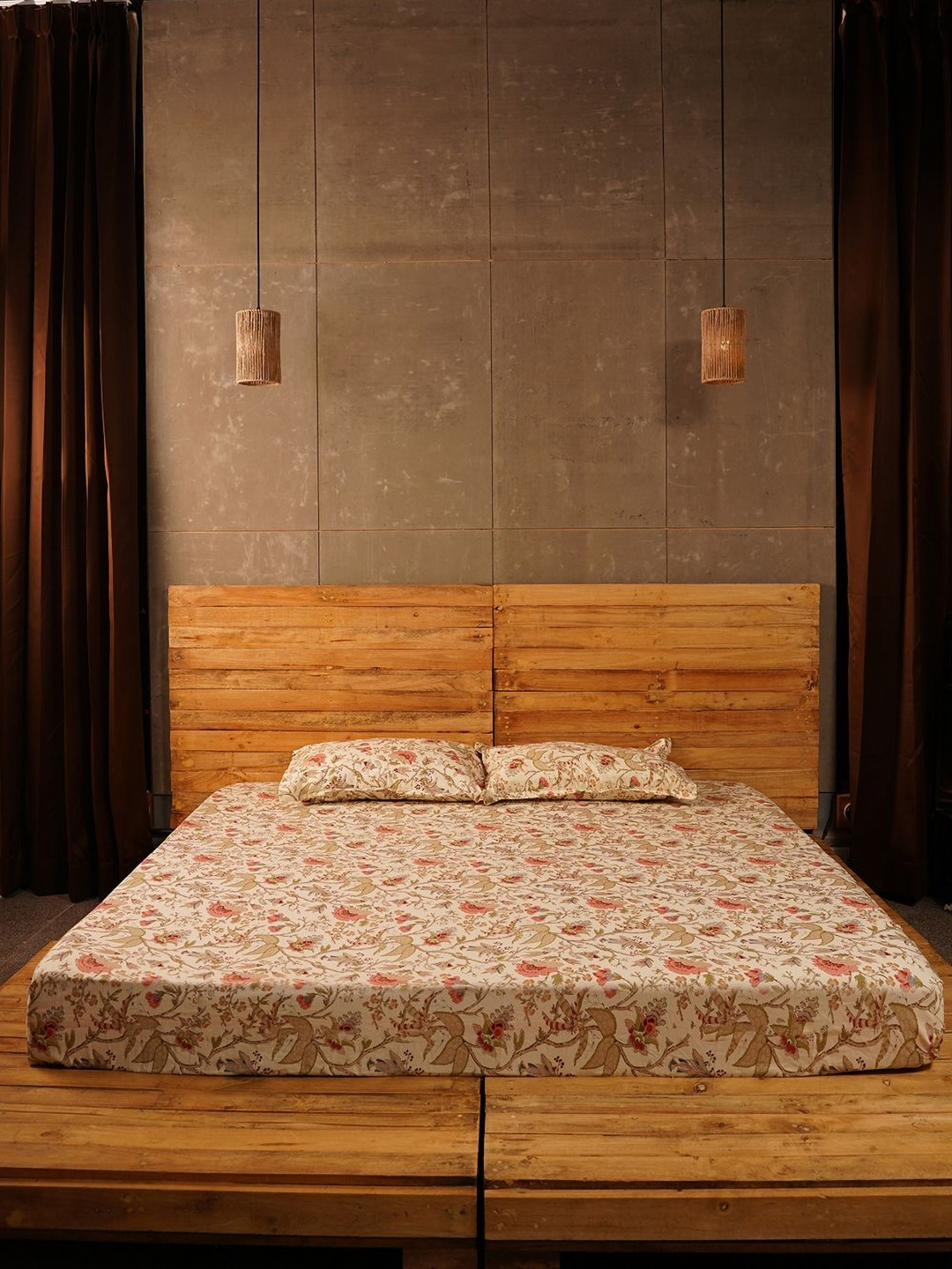 KANUSHI INDUSTRIES Brown Floral Cotton 210 TC King Bedsheet with 2 Pillow Covers-241 x 274 cm