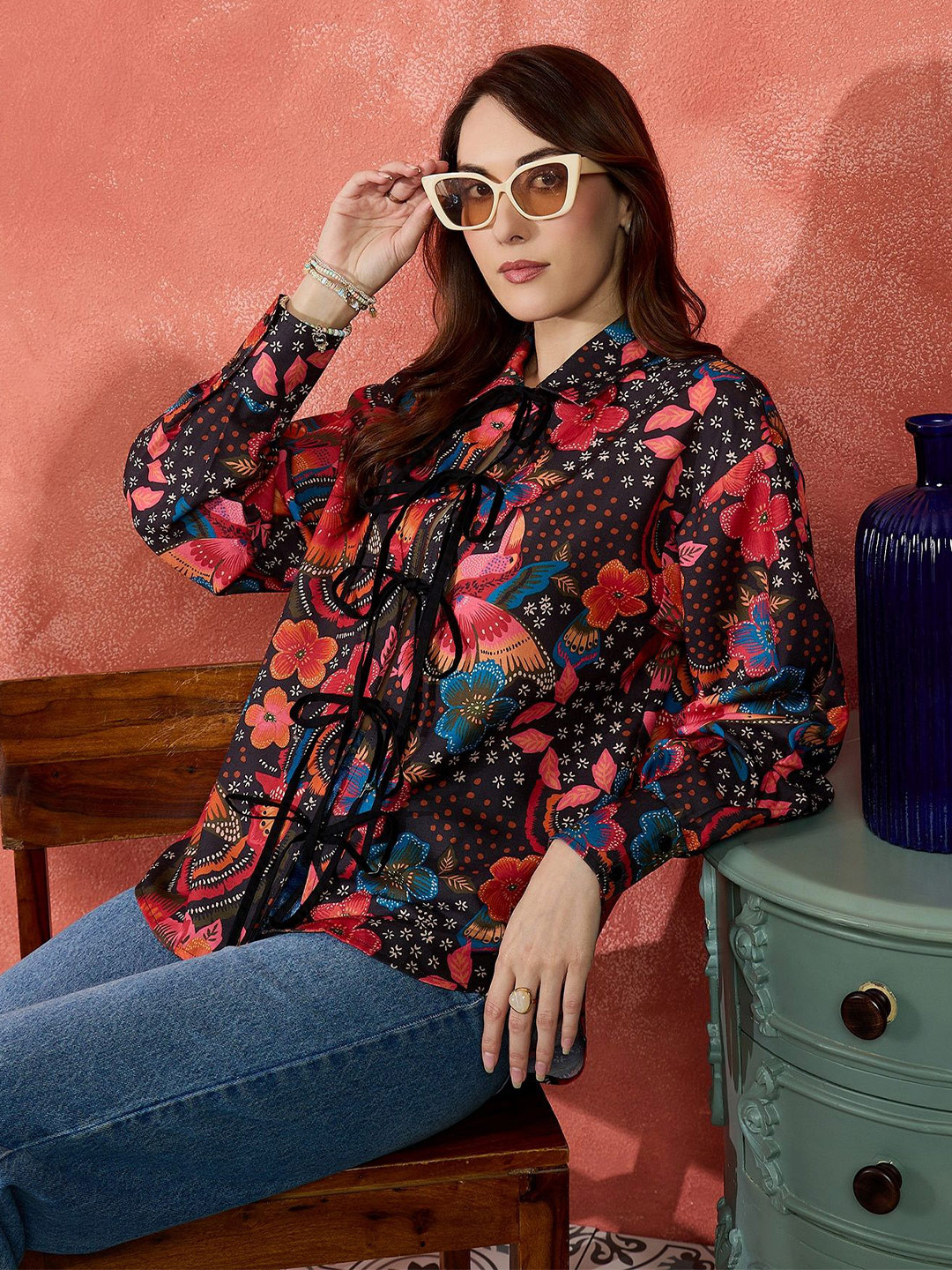 IVY BY KIBO Women Standard Relaxed Fit Floral Printed Spread Collar Cotton Casual Shirt