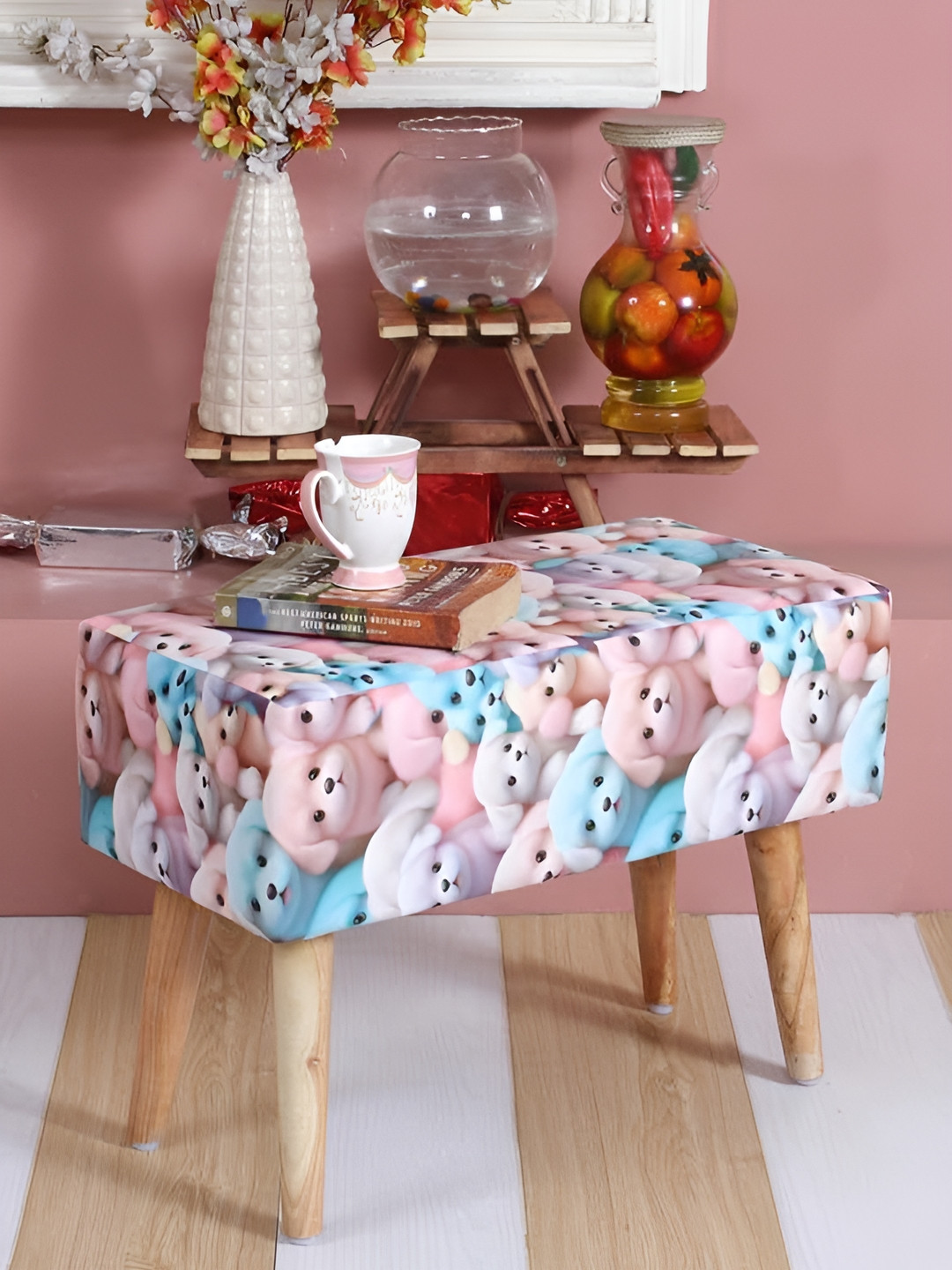 Shadowkart White & Pink Printed Wooden Rectangular Bench