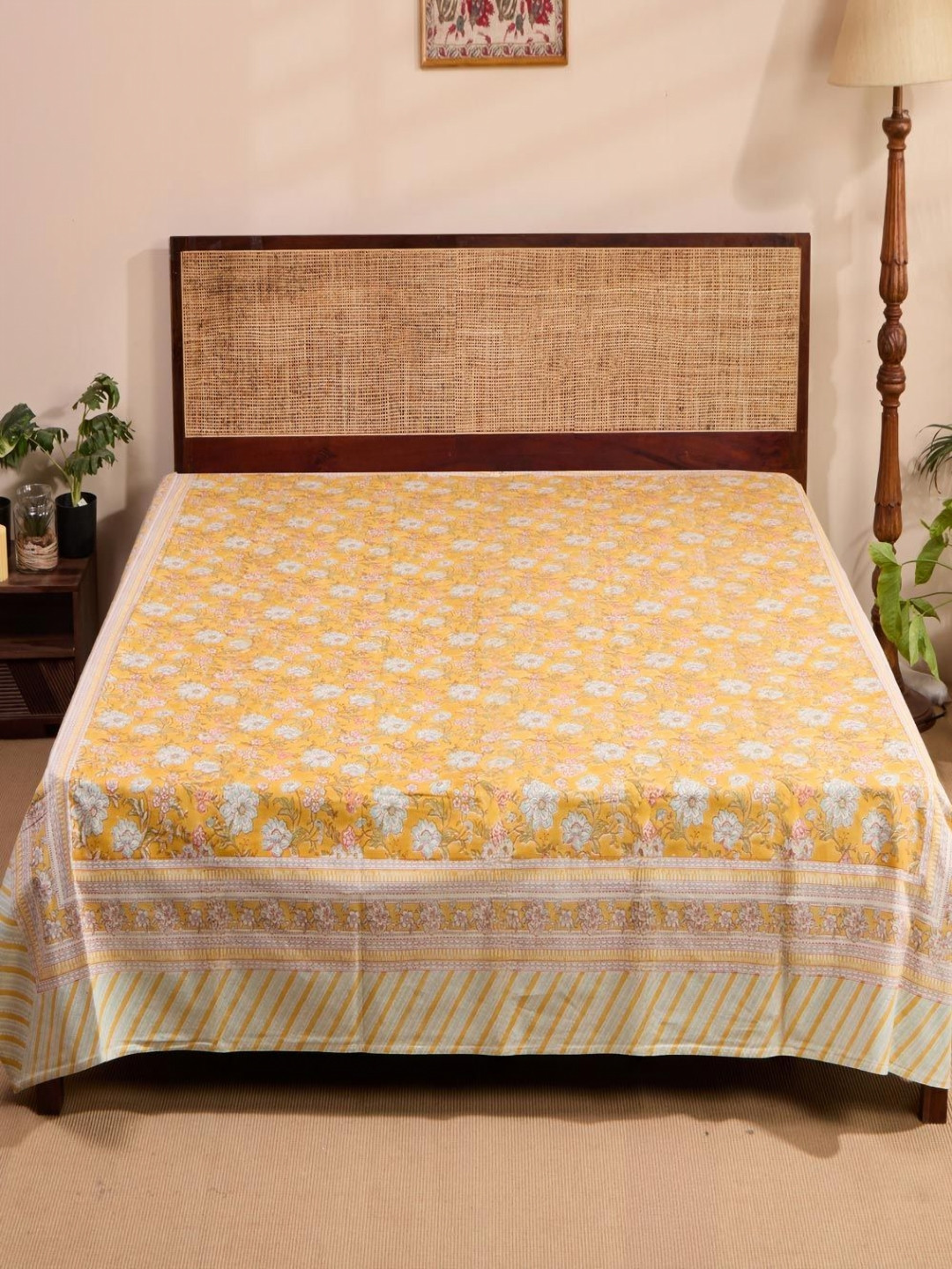 Fabindia Yellow & White Hamza Printed Single SizeBedCover