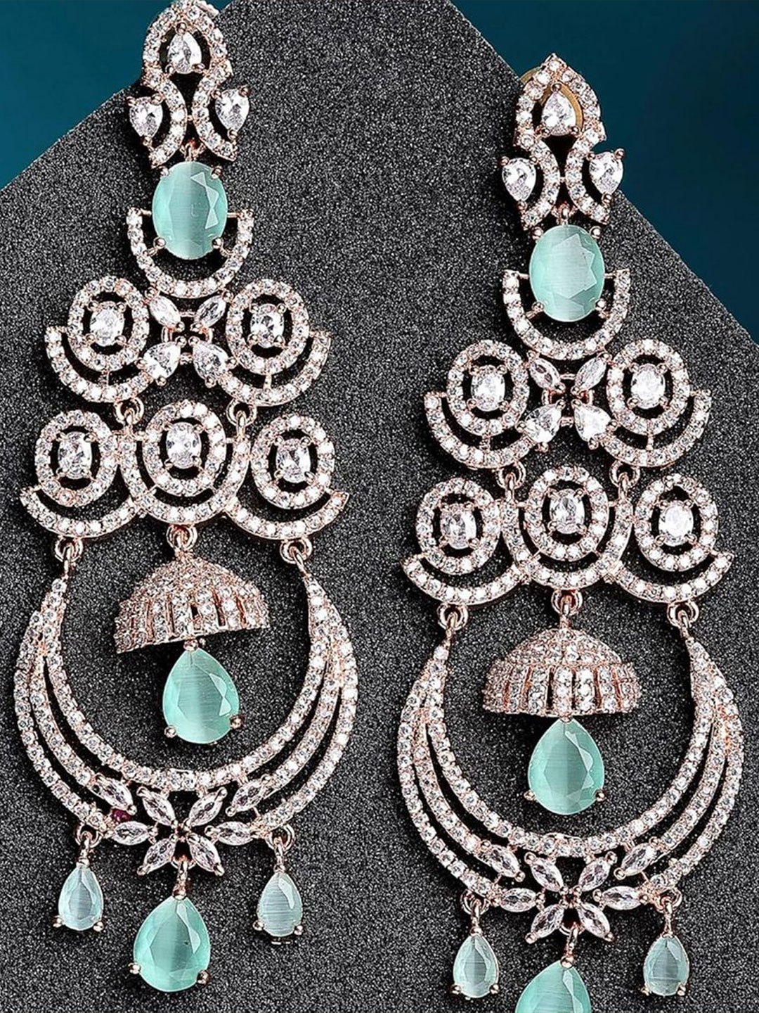 Gemron Jewel Rose Gold-Plated American Diamond Studded Contemporary Drop Earrings