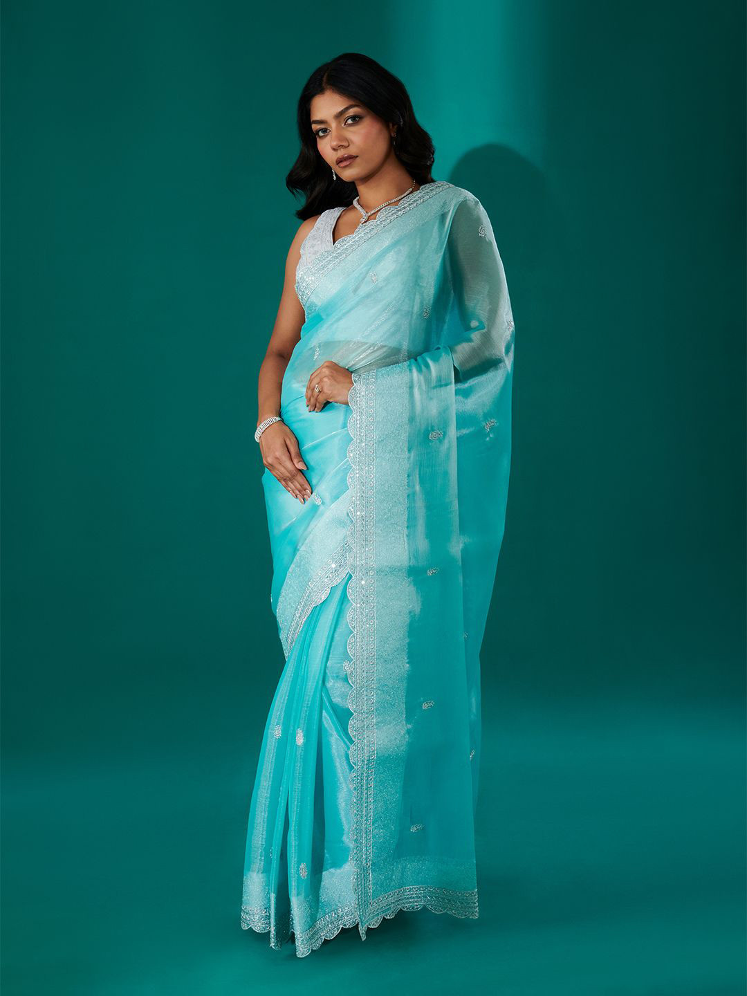 TEEJH Geetanjali Blue Shimmer Tissue Saree