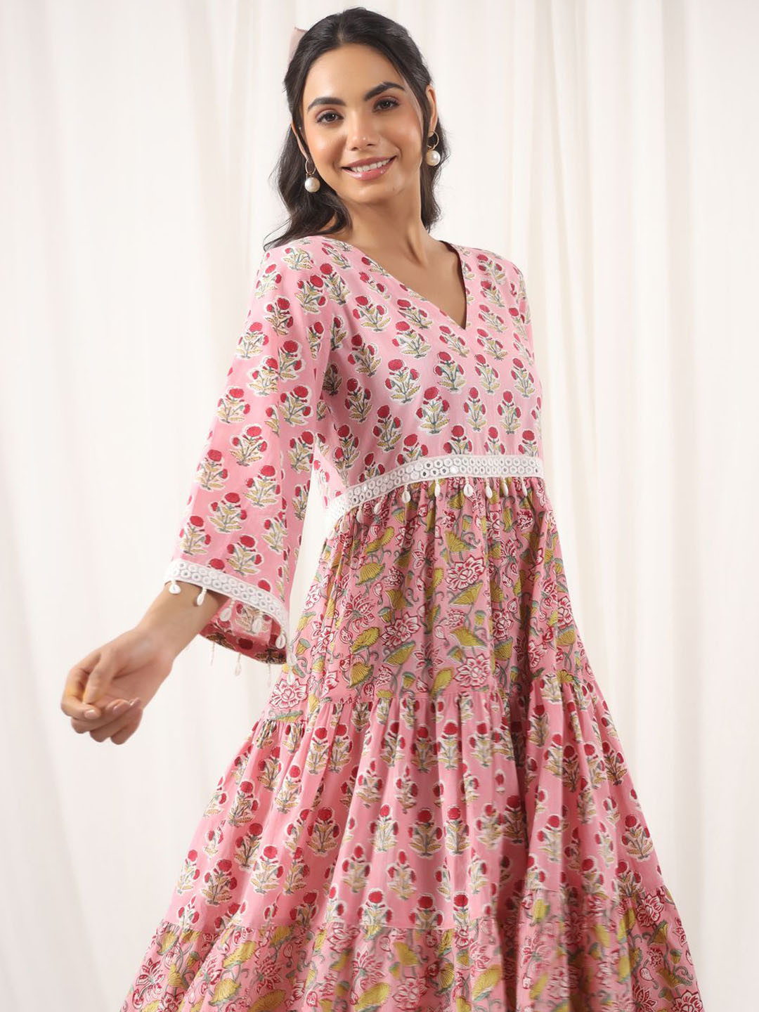 Taavi Handblock Printed Pure Cotton V-Neck Tier Dress