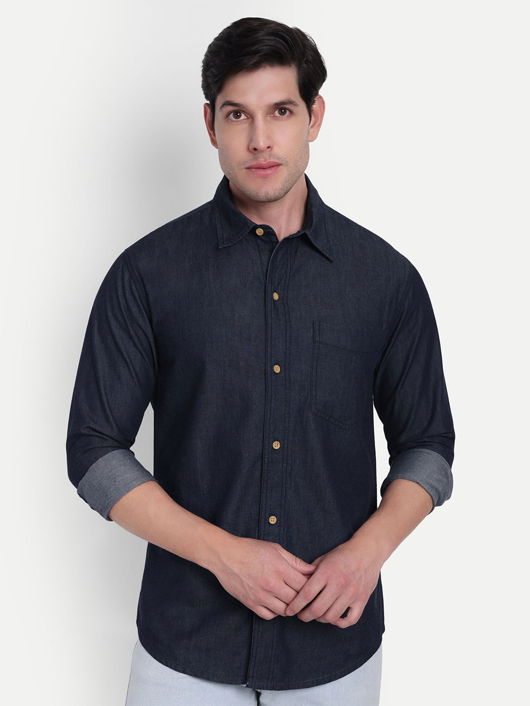 COSMIC Spread Collar Long Sleeves Denim Cotton Shirt