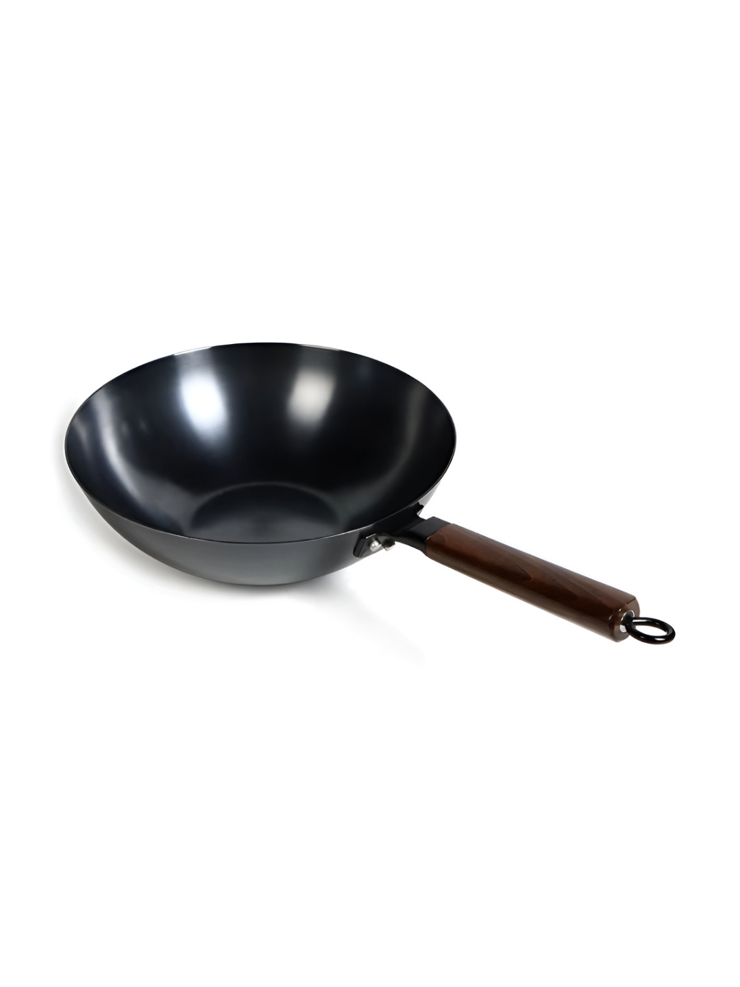 HOMEESSENTIALS Black Iron Kadhai And Wok With Wood Handle