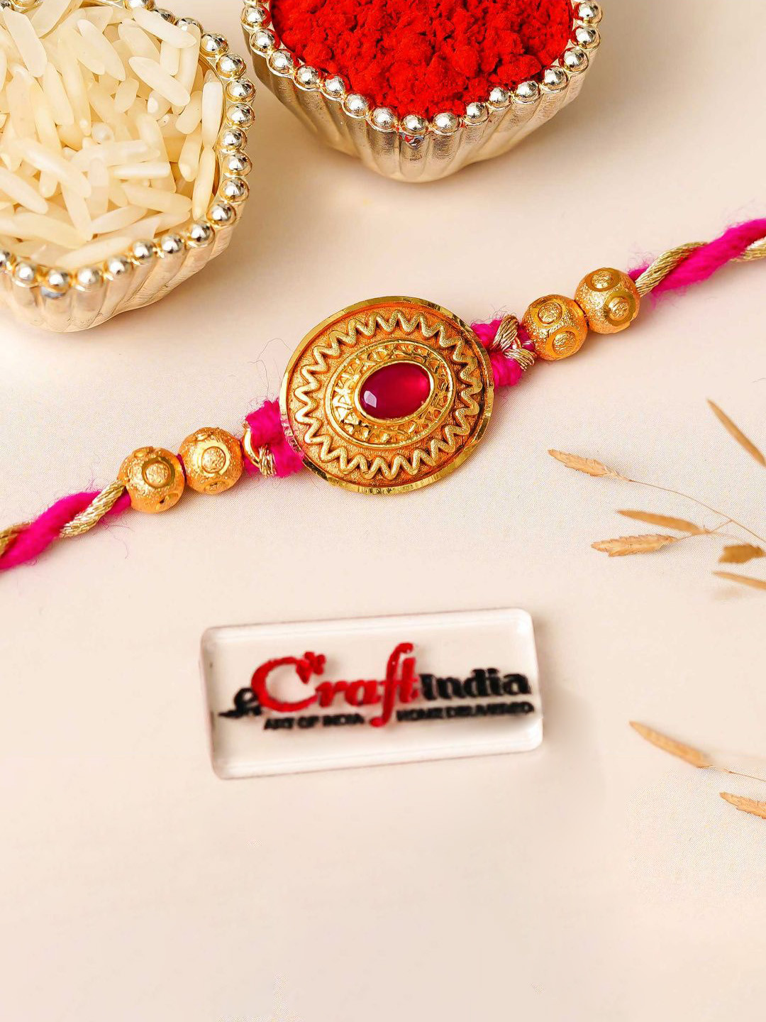 eCraftIndia Golden Pink Kundan Beads Designer Rakhi for Brother