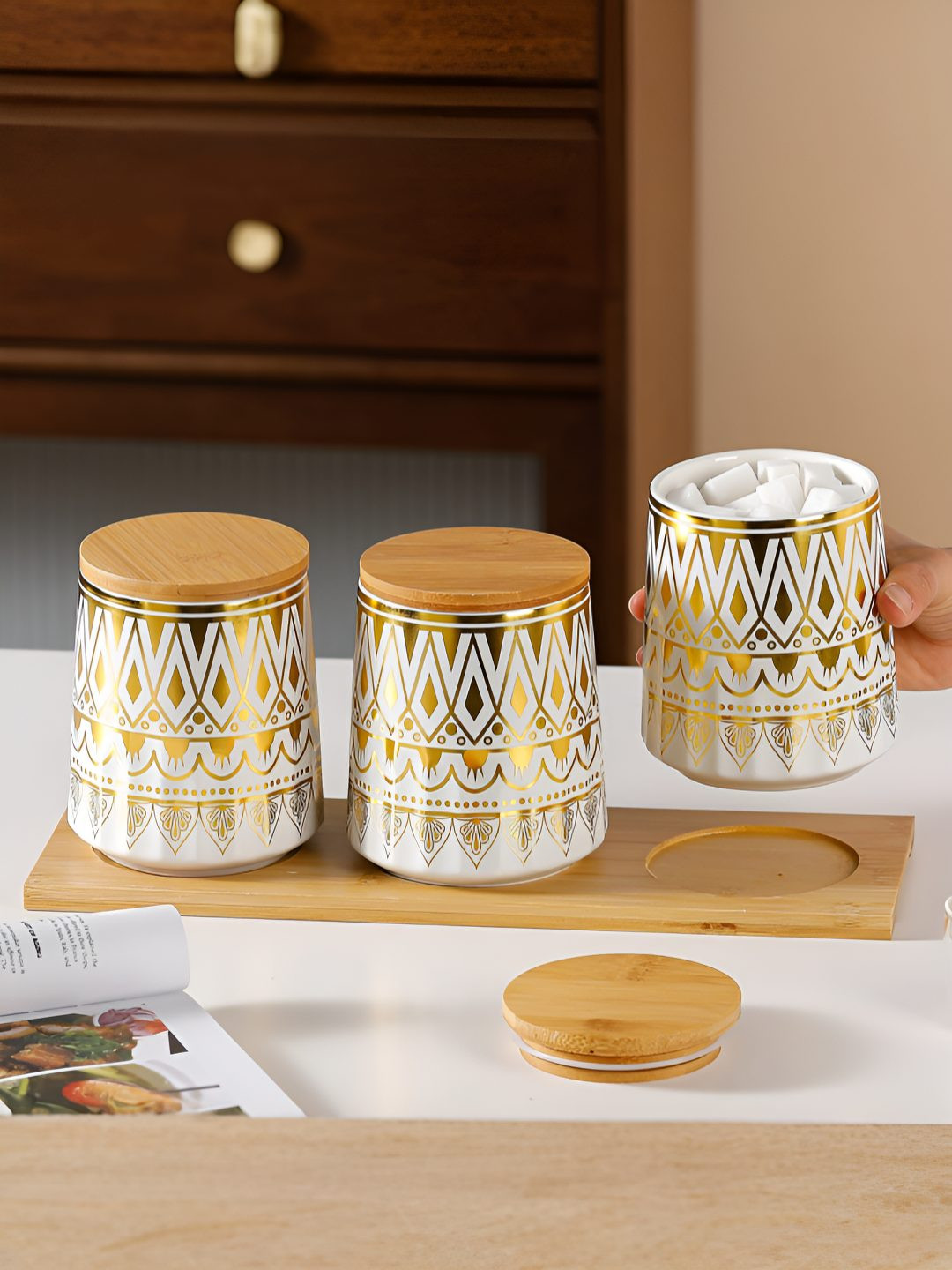 The Better Home Gold-Toned Gold Geometric Ceramic Dishwasher Safe 3 Piece Flip Top Canister-650ml