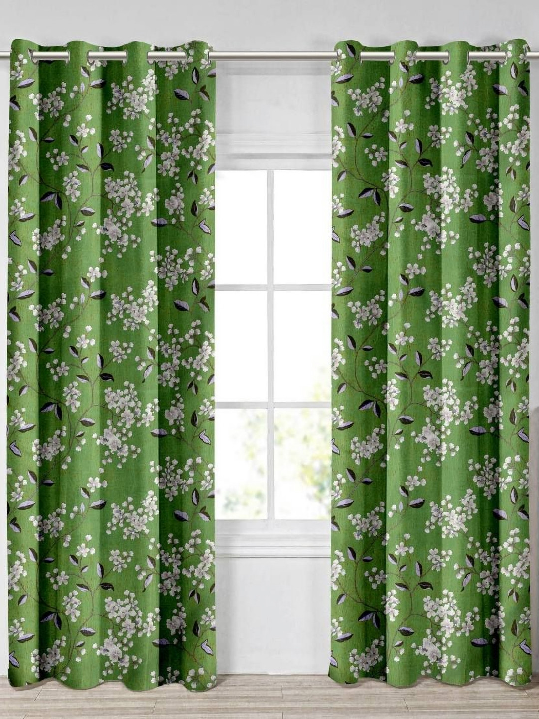 Aura Green & White 2 Pieces Light Blocking Long Door Curtains