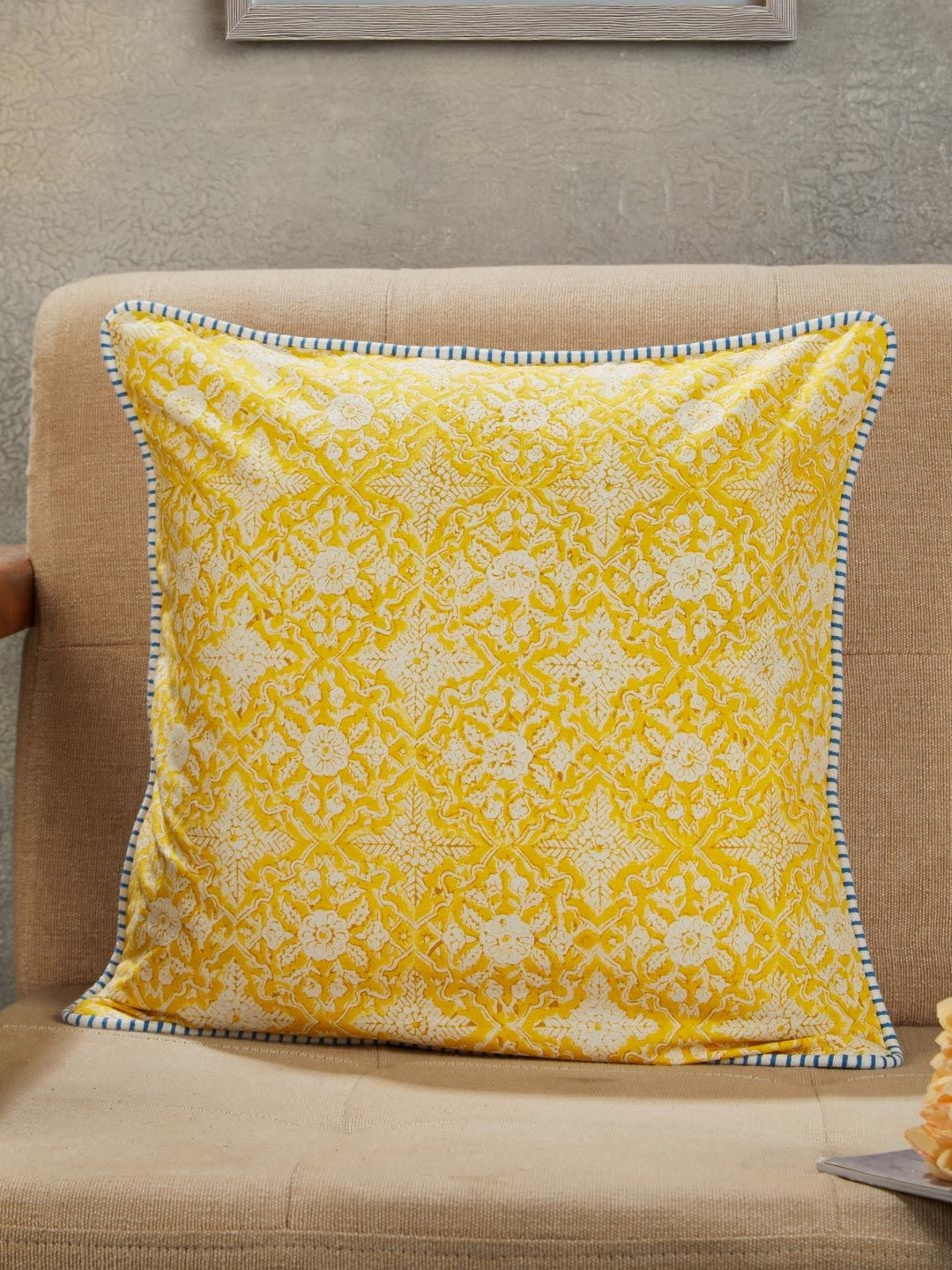 Fabindia Cabana Yellow & White Floral Printed Cotton Square Cushion Cover