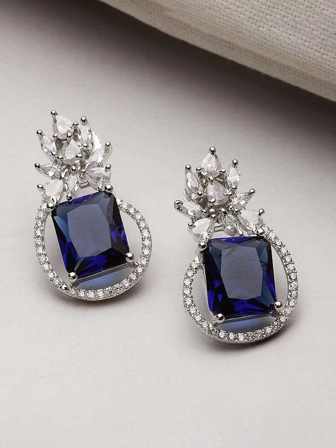 Gemron Jewel Rhodium-Plated American Diamond Studded Contemporary Drop Earrings
