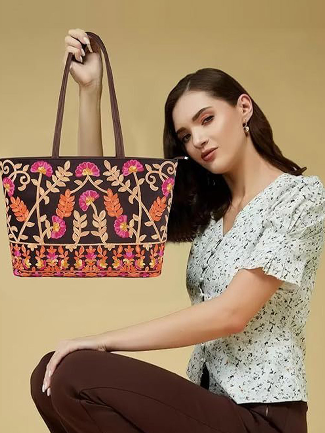 VELUCIA Floral Embellished Oversized Quilted Structured Tote Bag
