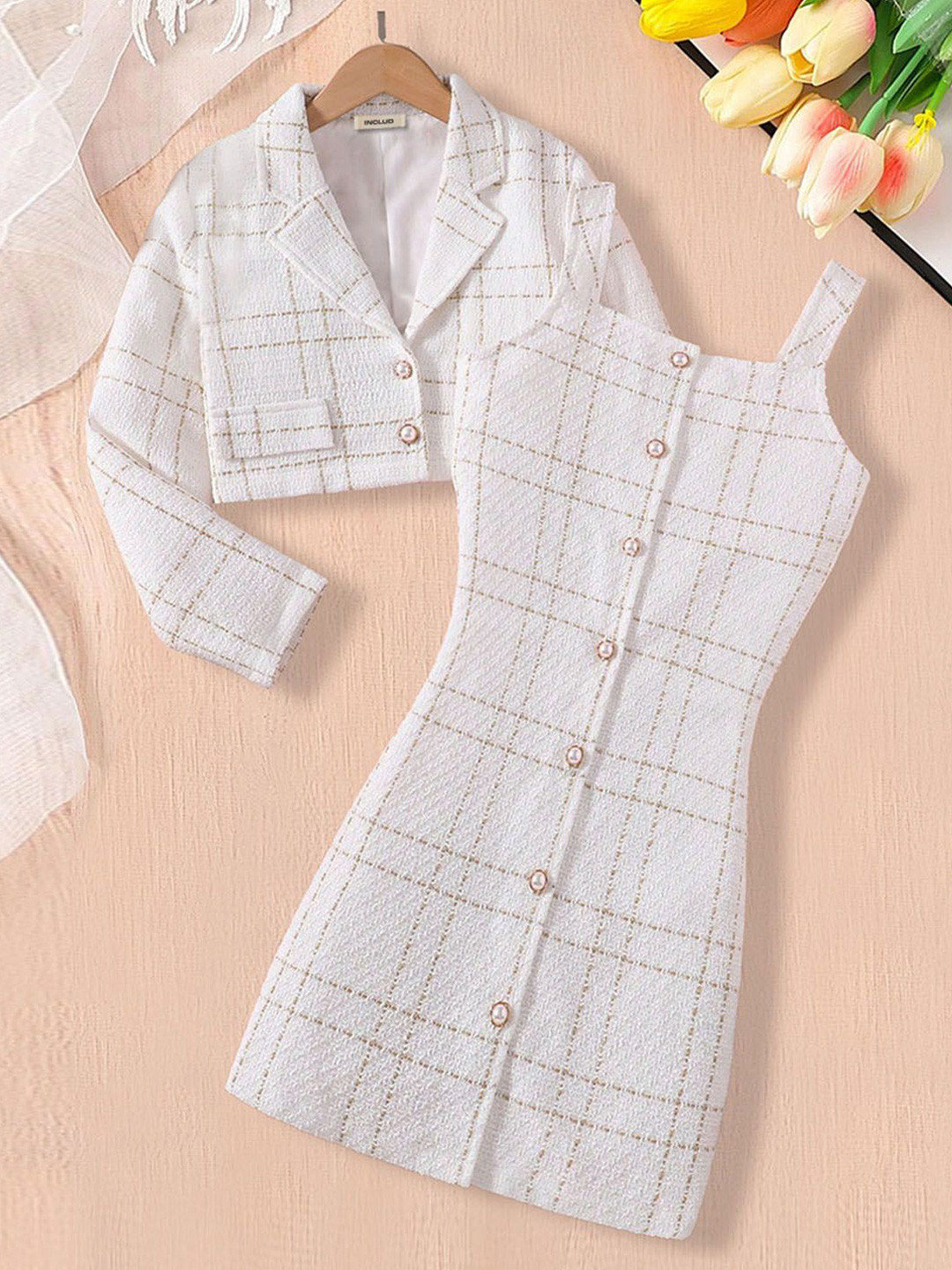 INCLUD Girls Checked Shoulder Straps Bodycon Cotton Dress Come With A Jacket