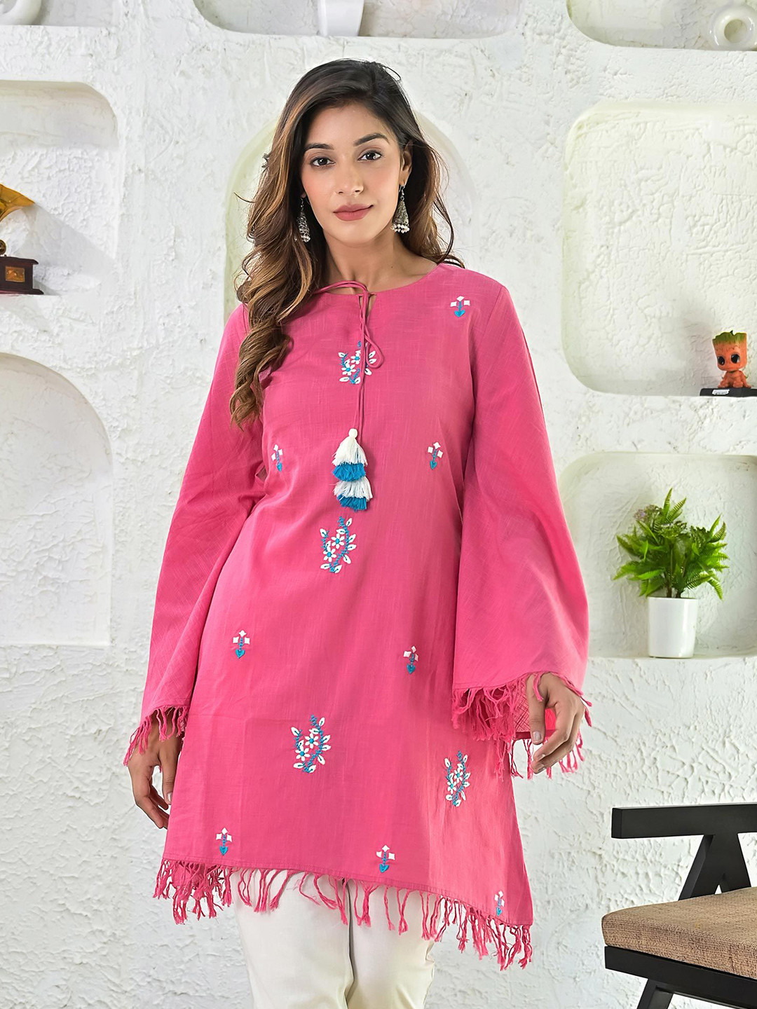 Bada Boota Floral Mandarin Collar Bell Sleeve Cotton Longline Top