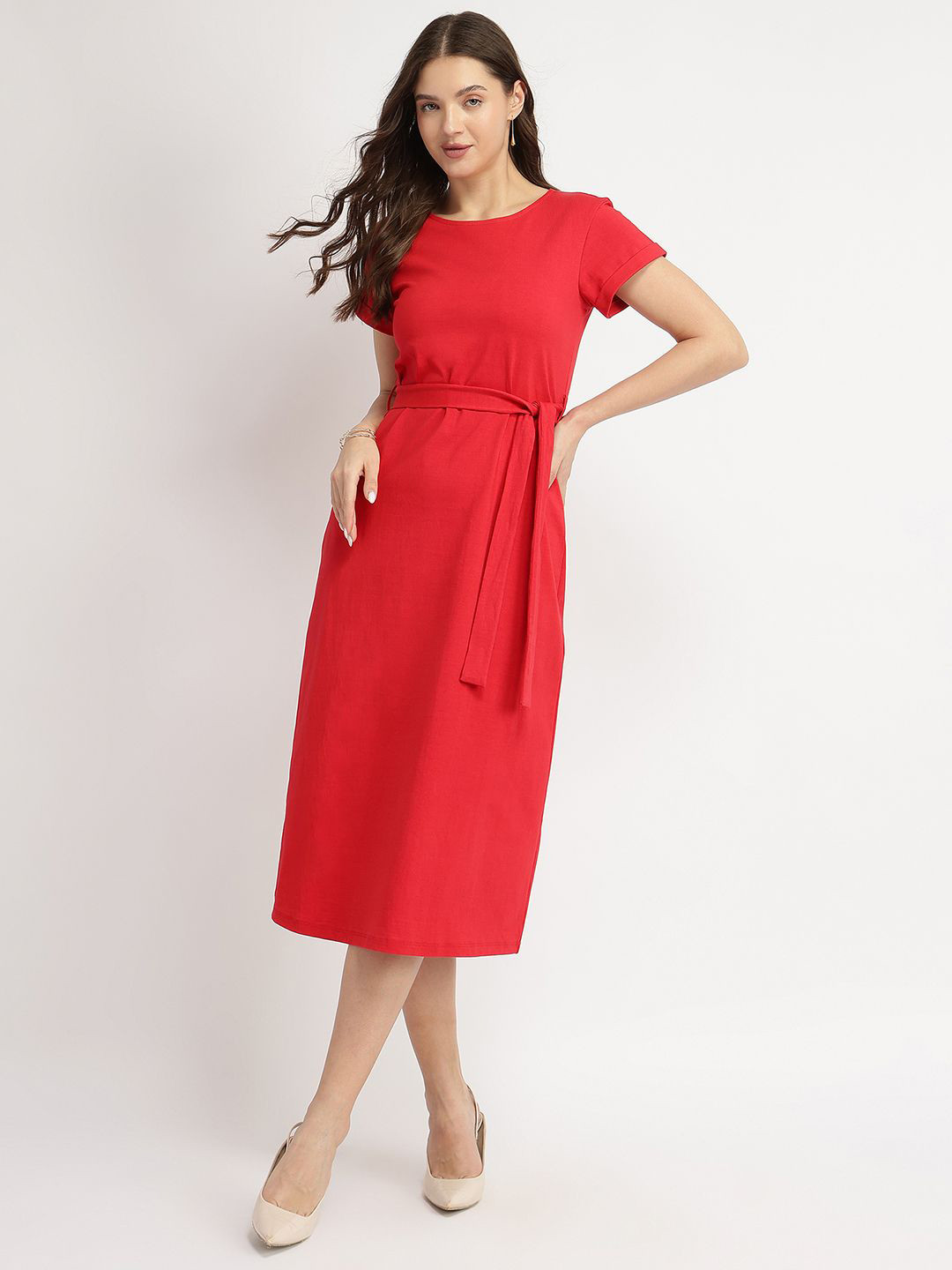 FableStreet Women Red Cotton Knit A-Line Midi Dress
