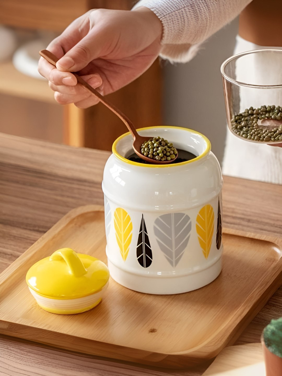 The Better Home White & Yellow Printed Ceramic Jar 2.5L With Lid