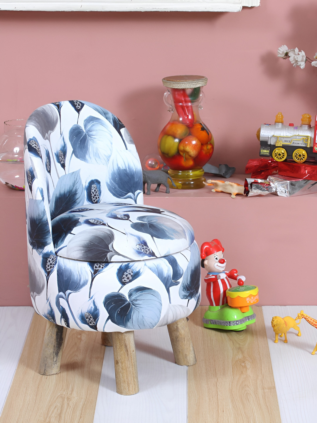 Shadowkart Navy-Blue & Blue Printed Wooden Anti-Flip Round Ottoman Pouffe