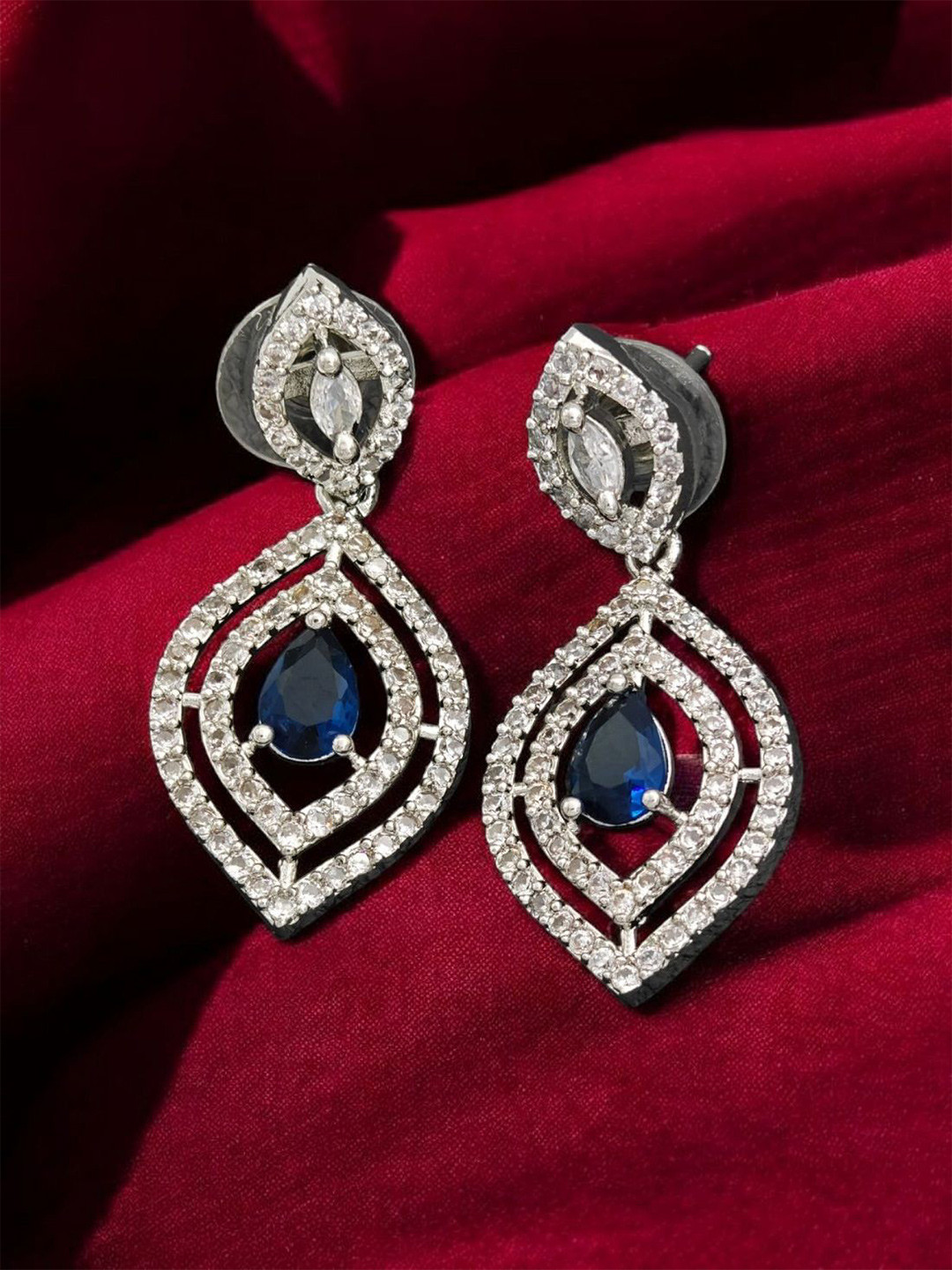 Gemron Jewel Rhodium-Plated American Diamond Studded Contemporary Drop Earrings