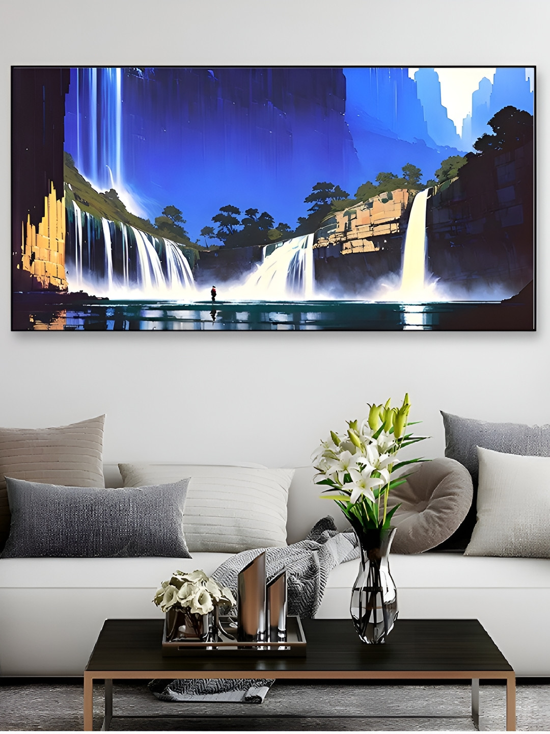 DEKORSTATION Blue & Black Waterfalls Printed Canvas Wall Art