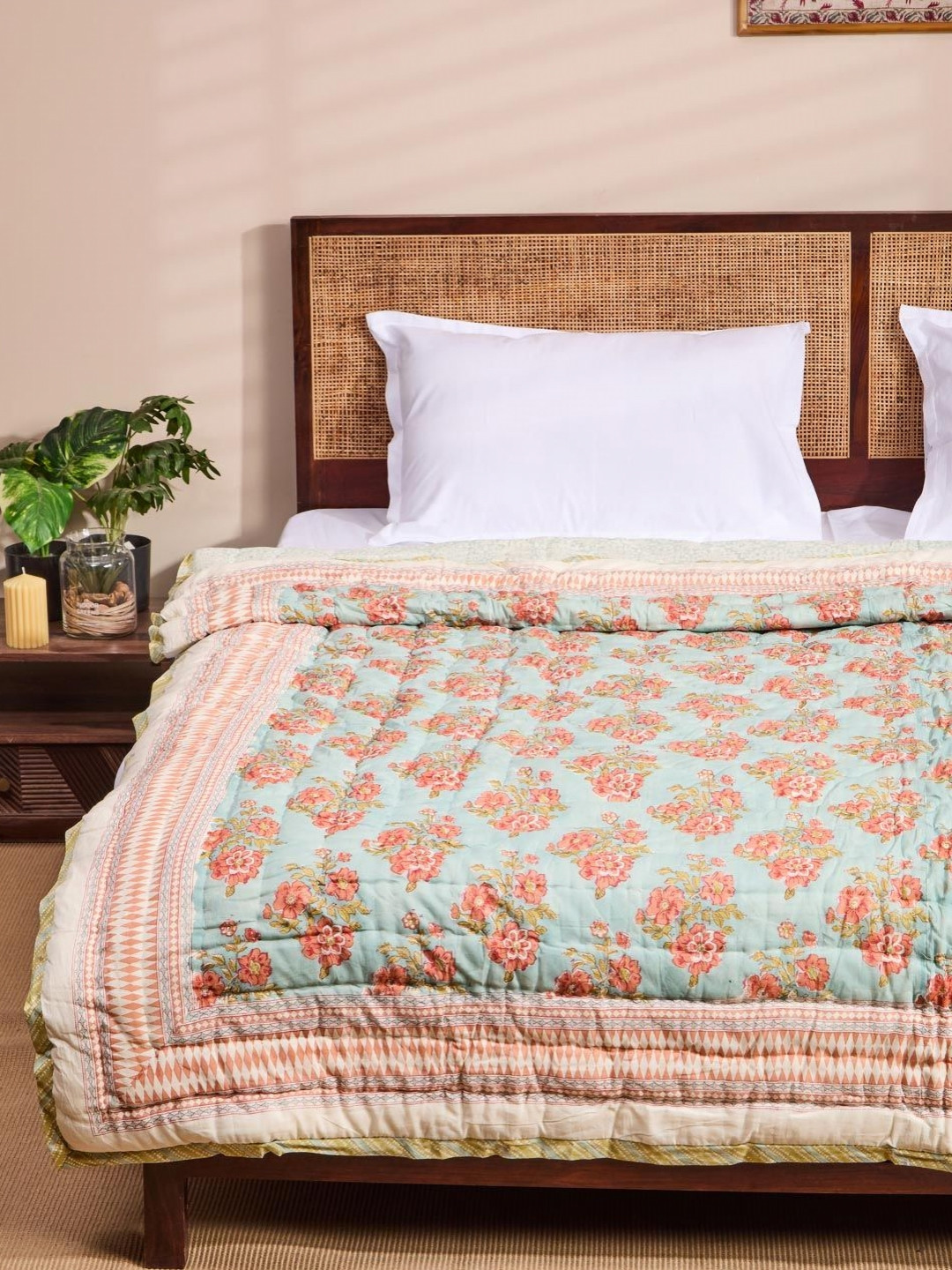 Fabindia Hamza Blue & Orange Floral Printed AC Room Double Bed Quilt