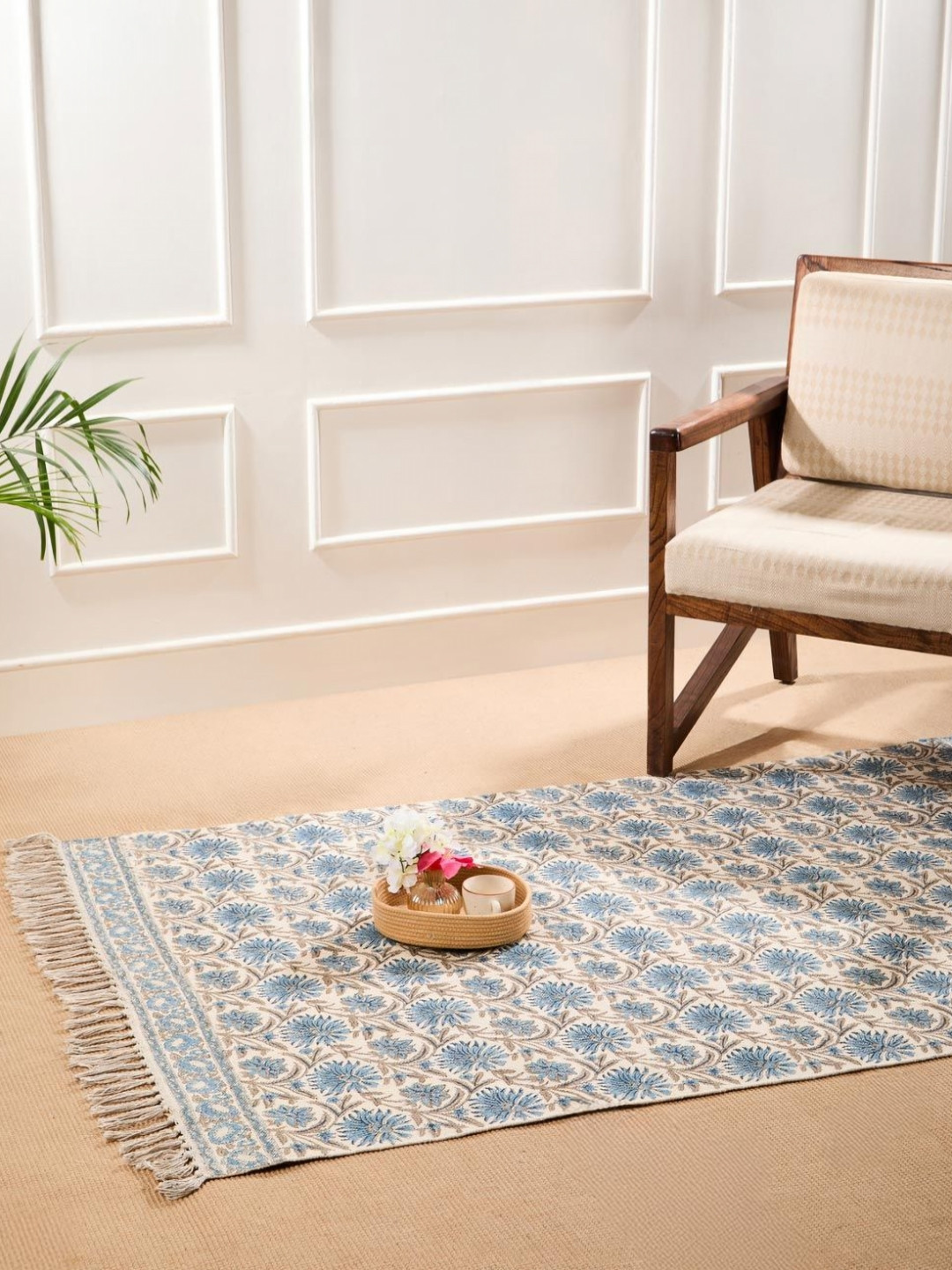 Fabindia Blue & Beige Hand Block PrintedDhurries