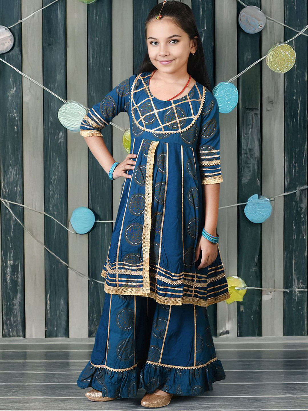 Kids On Board Girls Floral Printed Empire Pure Cotton Kurta with Sharara