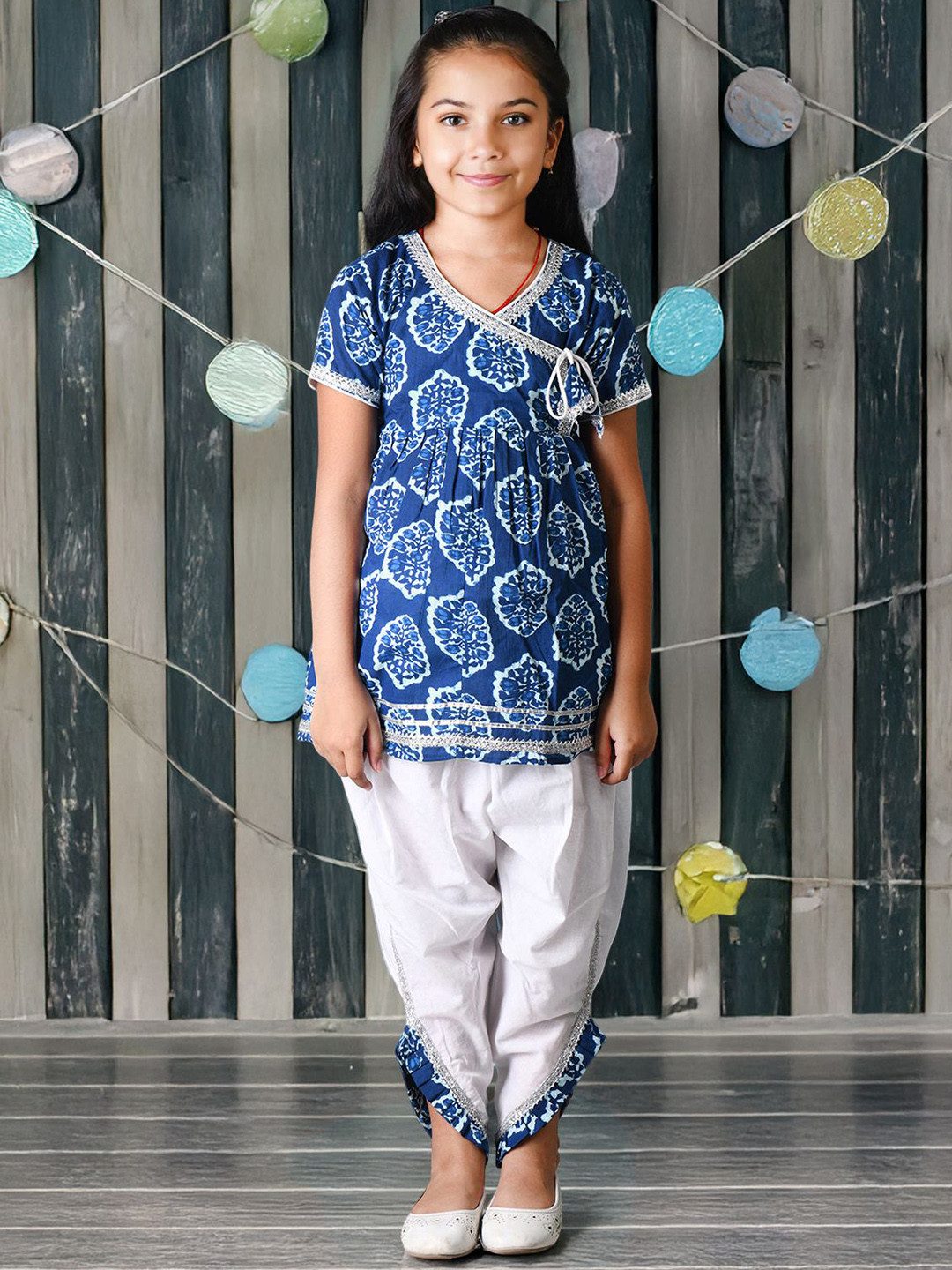 Kids On Board Girls Floral Printed Thread Work Pure Cotton Kurta With Dhoti Pant