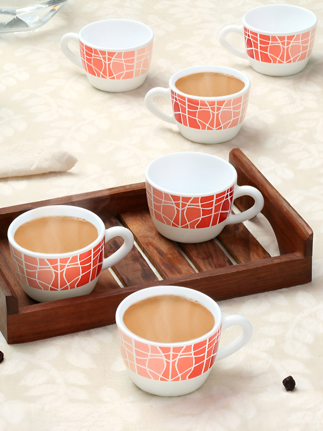 Larah by BOROSIL Mr. Happy White Geometric Opalware Microwave Safe 6 Piece Cups-140ml