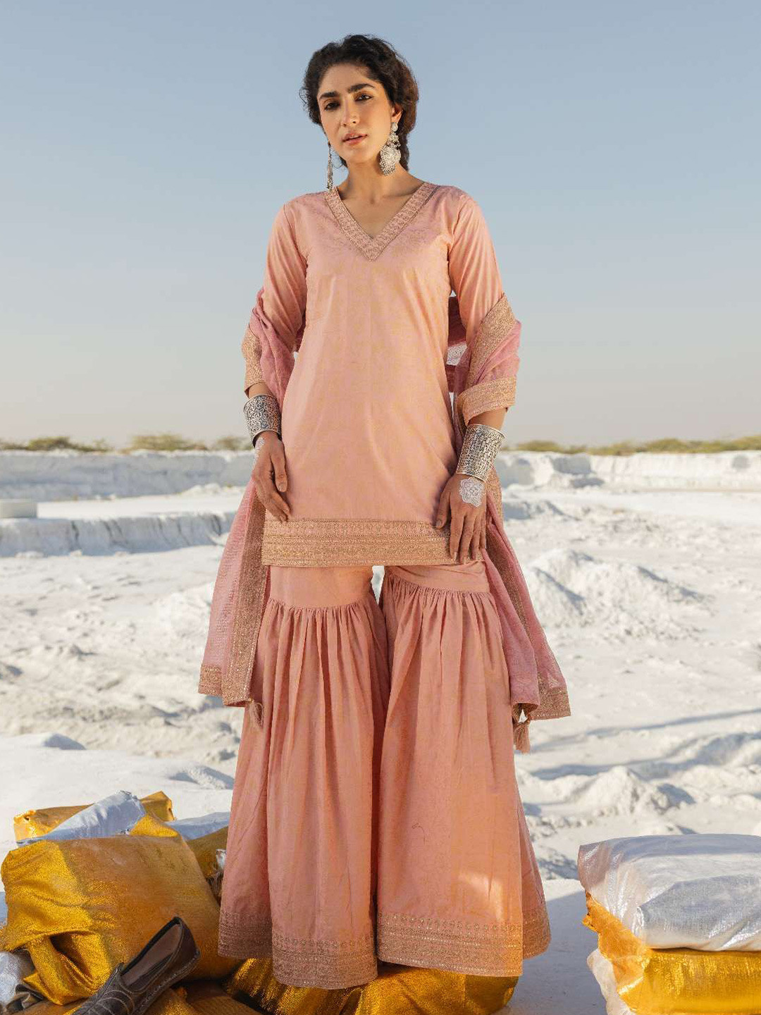 KARAJ JAIPUR Women Blush Pink Embroidered Sharara Set