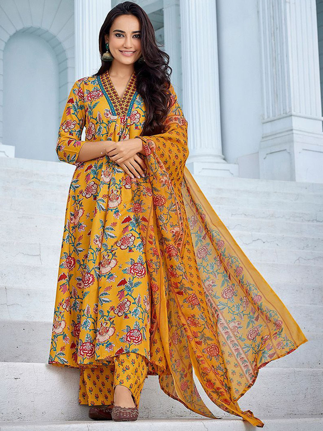 GUNDIA FASHION Floral Printed Mirror Work A-Line Pure Cotton Kurta with Palazzos & Dupatta