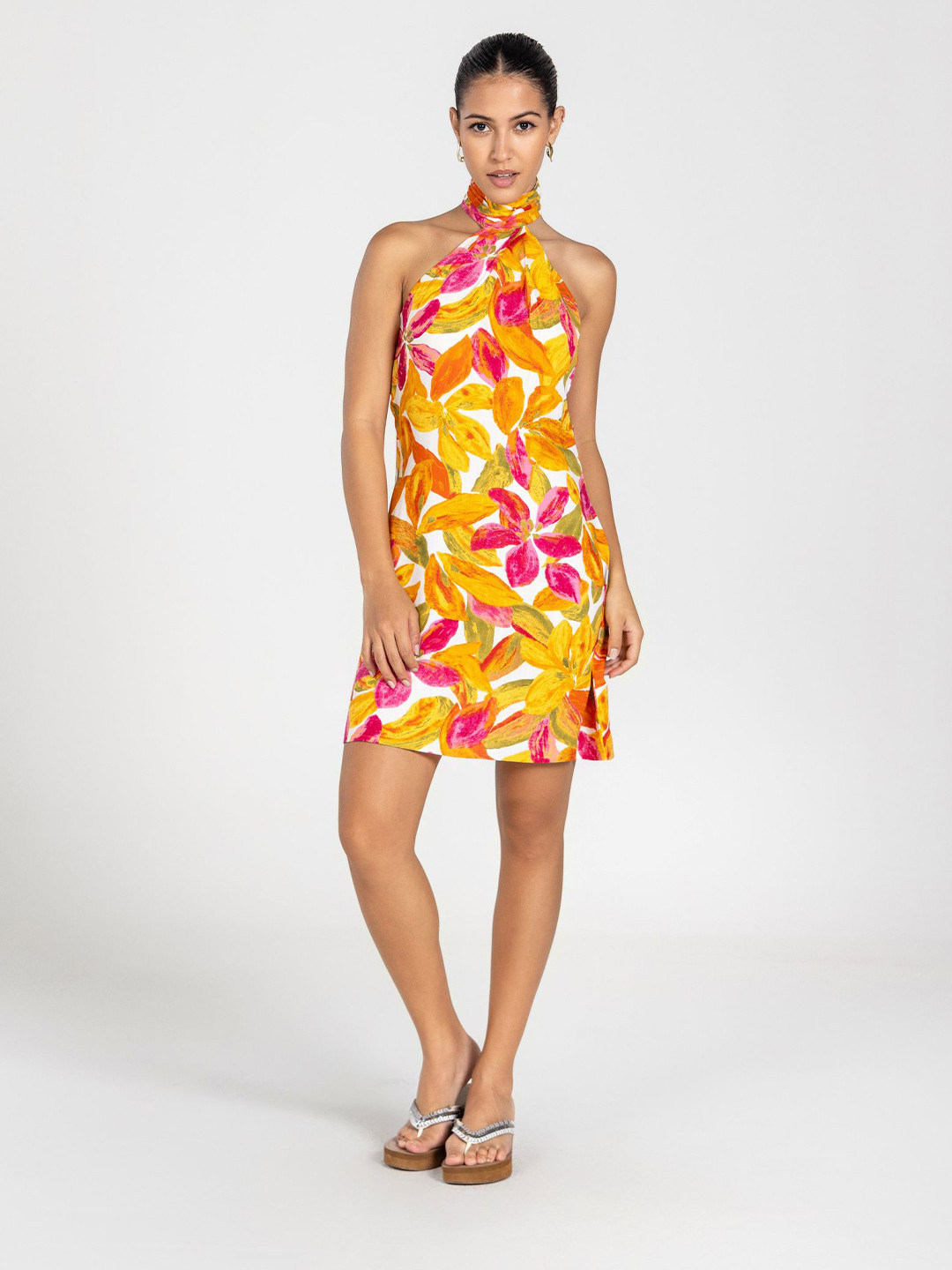 Past Modern Women Floral Printed Sleeveless Backless Halter Neck A-Line Mini Dress